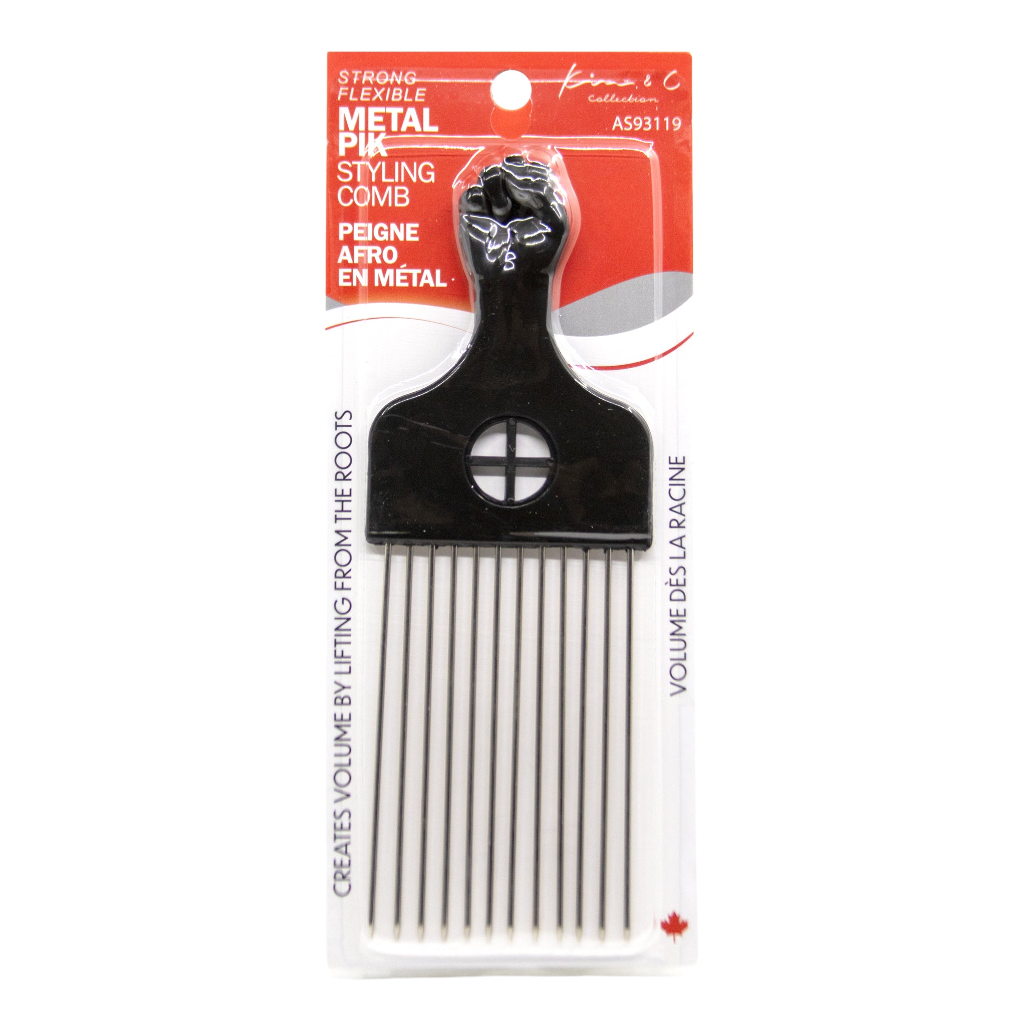 Metal pick styling comb with packaging on a white background
