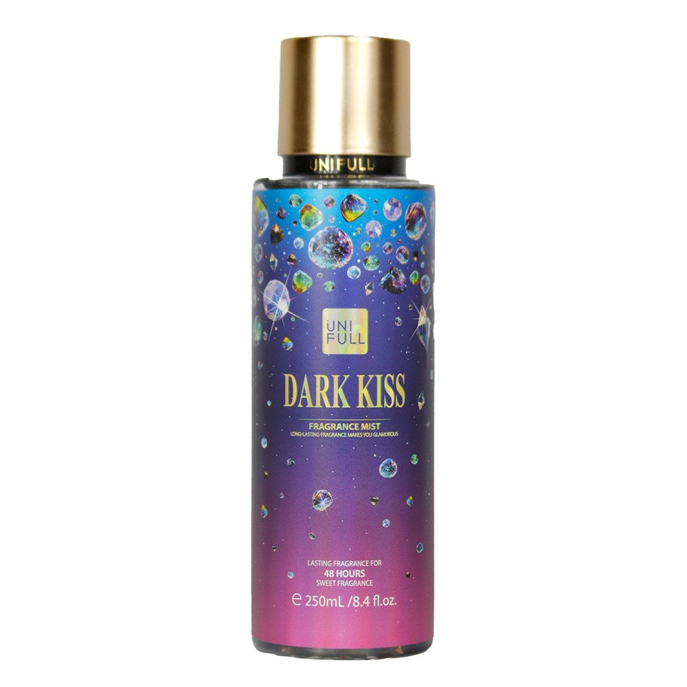 UNI-FULL Dark Kiss fragrance mist bottle with colorful label on a white background