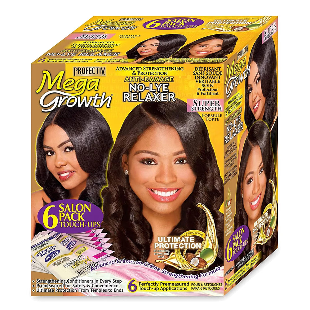 Mega Growth No-Lye Relaxer box packaging, featuring a bright yellow and orange design with promotional text and photos of models with styled hair.