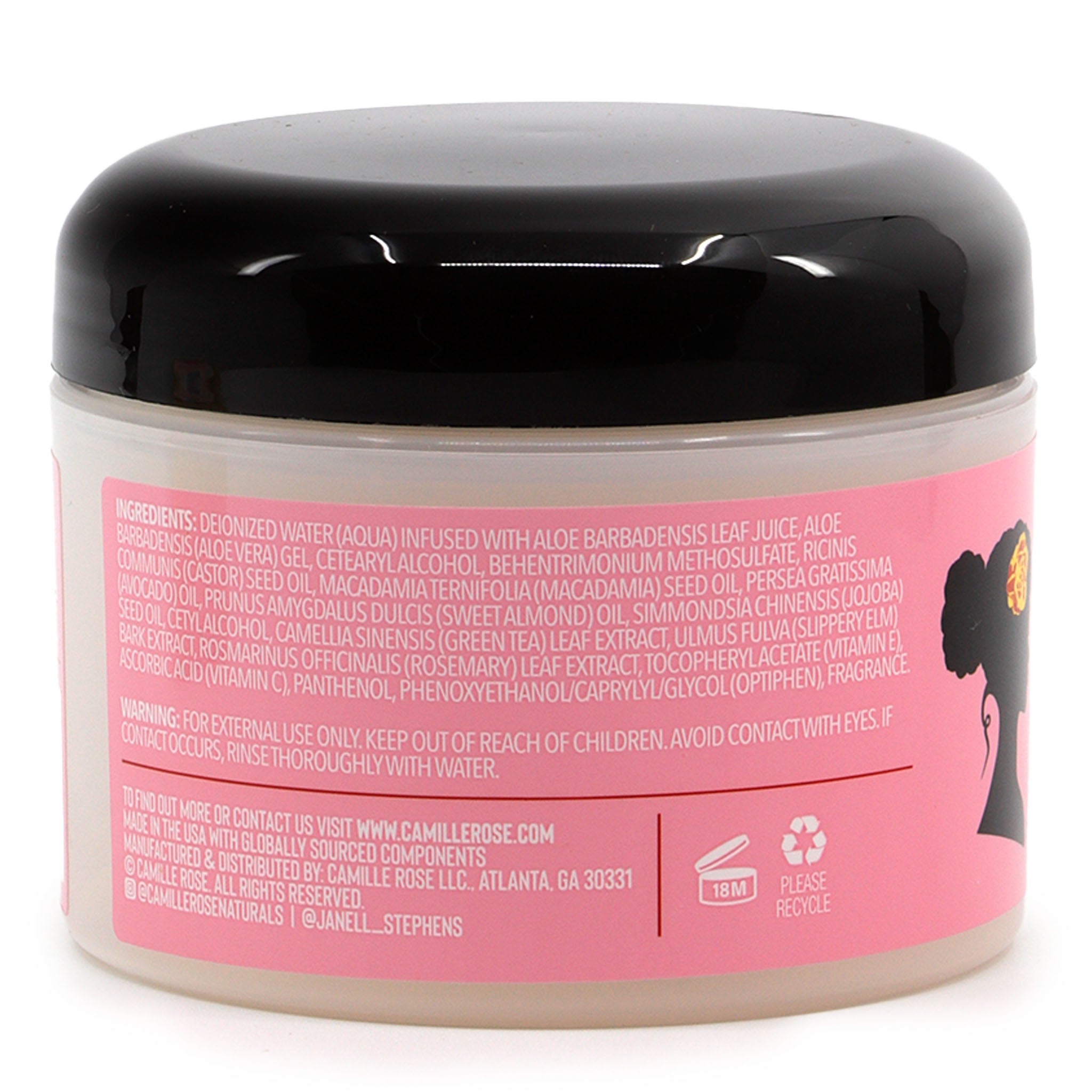 Jar with pink label and black lid on a white background