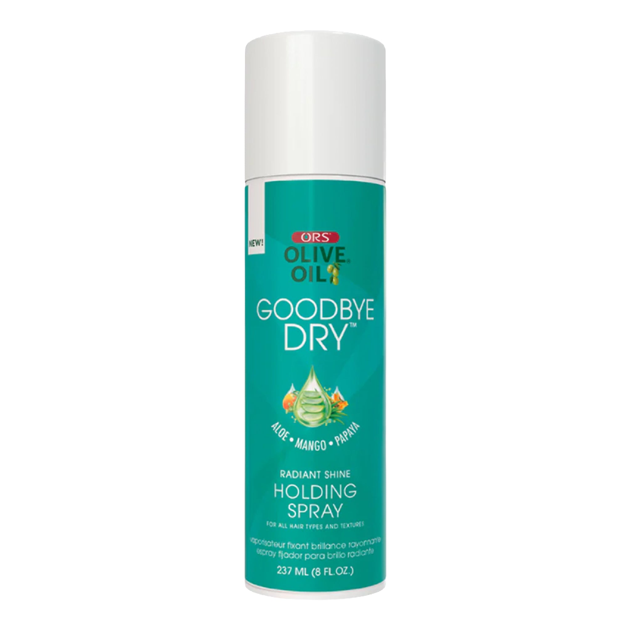Olive Oil Goodbye Dry holding spray can on a white background