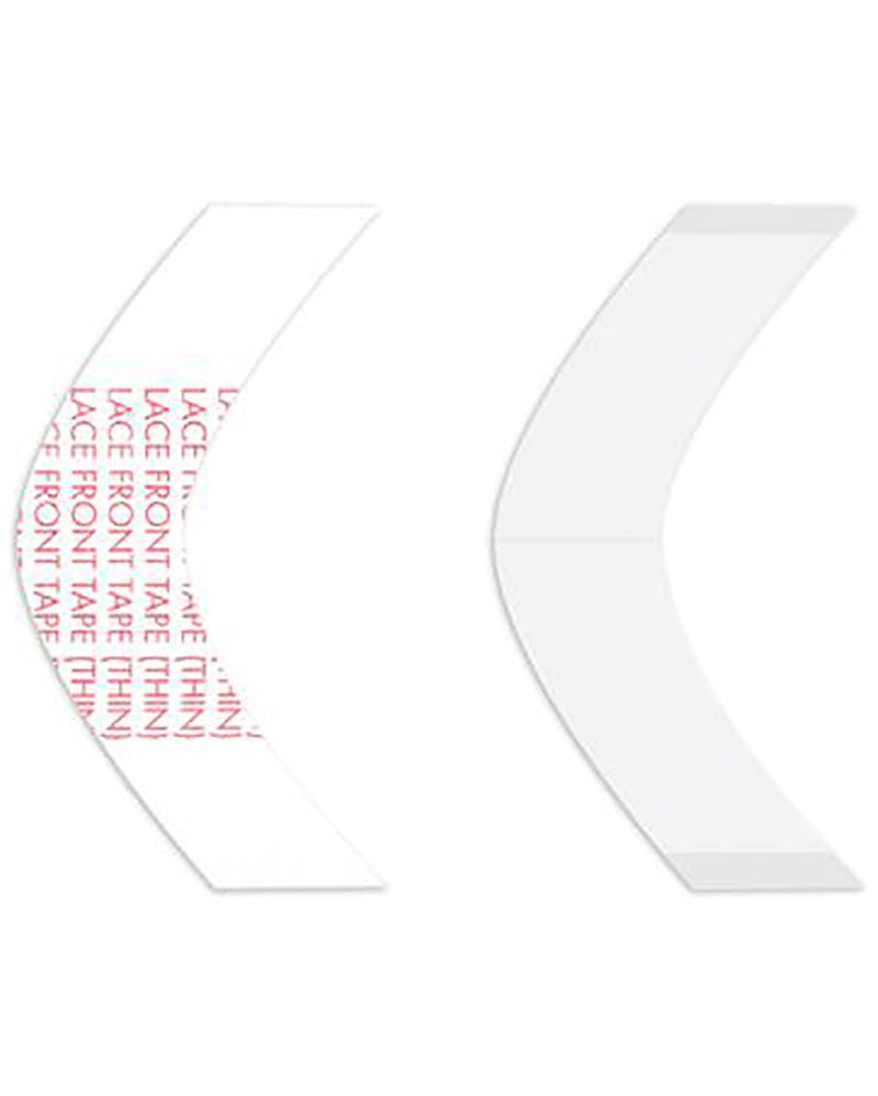 Two white crescent-shaped objects with red text on a white background