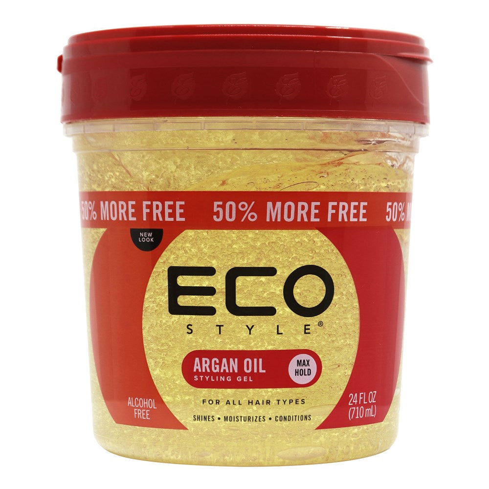 Jar of Eco Style Argan Oil Styling Gel with red lid and label on a white background