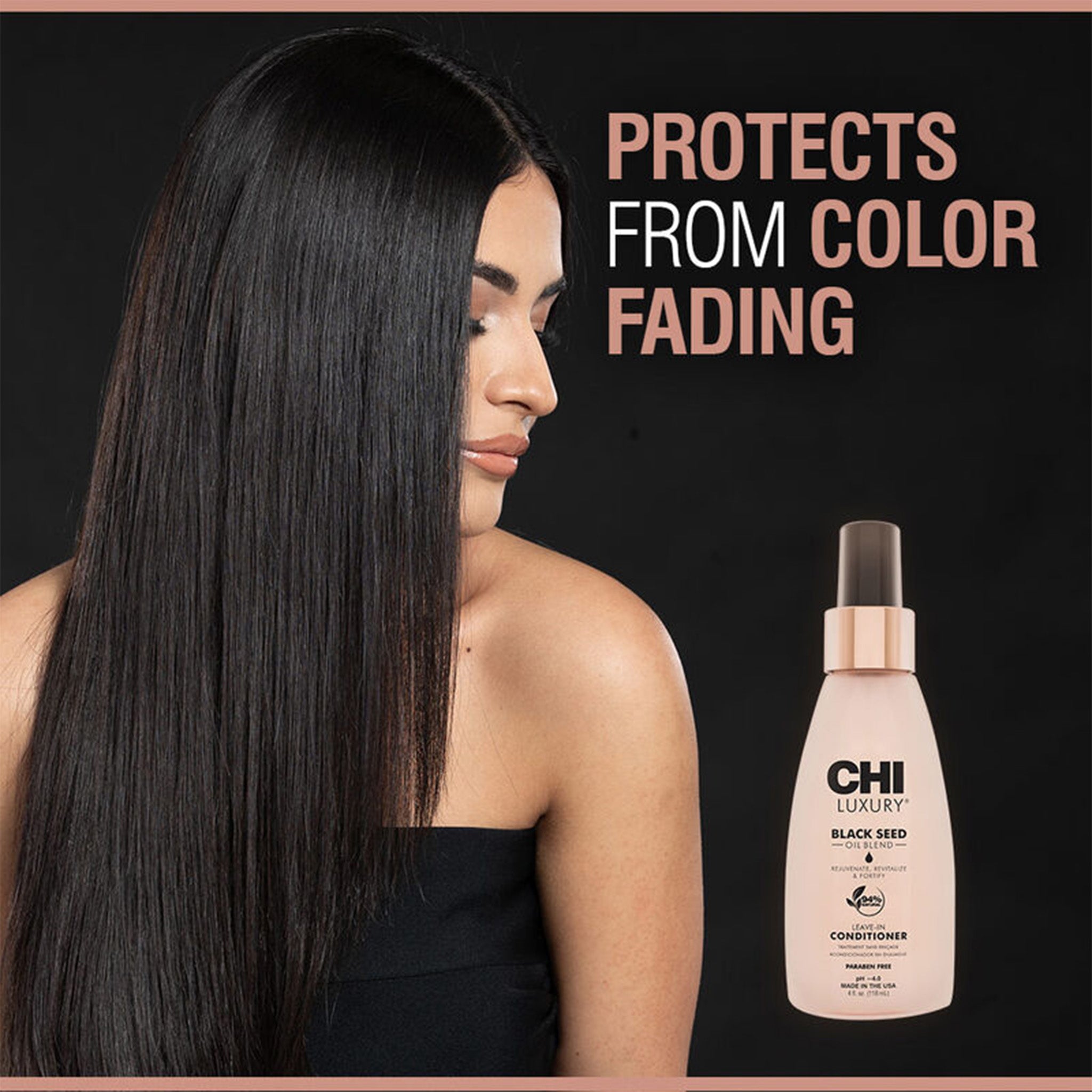 Woman with long black hair next to a bottle of CHI Luxury Black Seed product on a dark background.