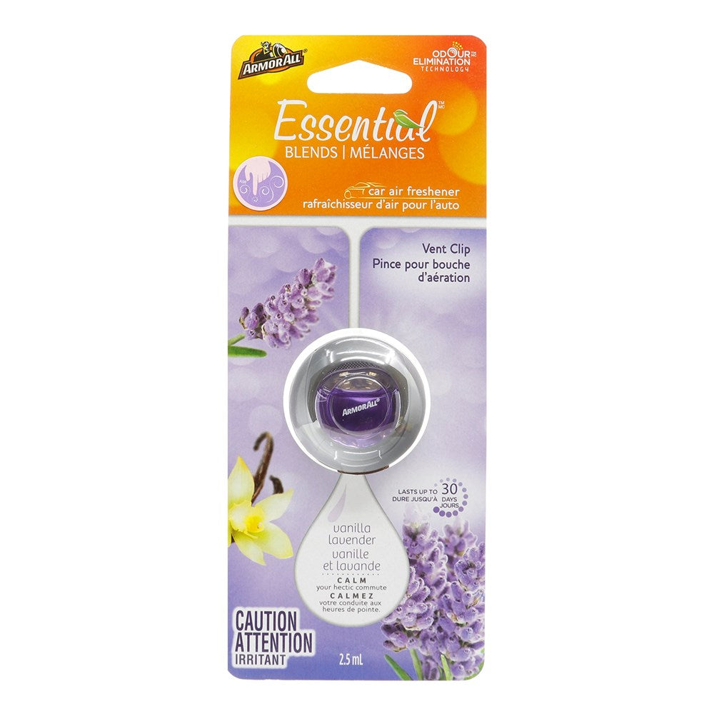 AmourAll Essential Blends car air freshener packaging with lavender design on a white background