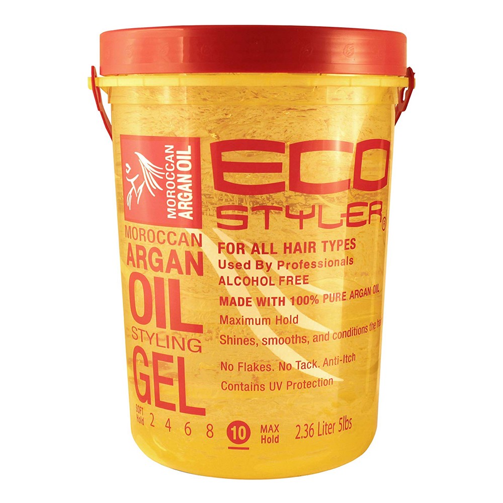 Yellow and red container of Eco Styler Moroccan Argan Oil Styling Gel on a white background
