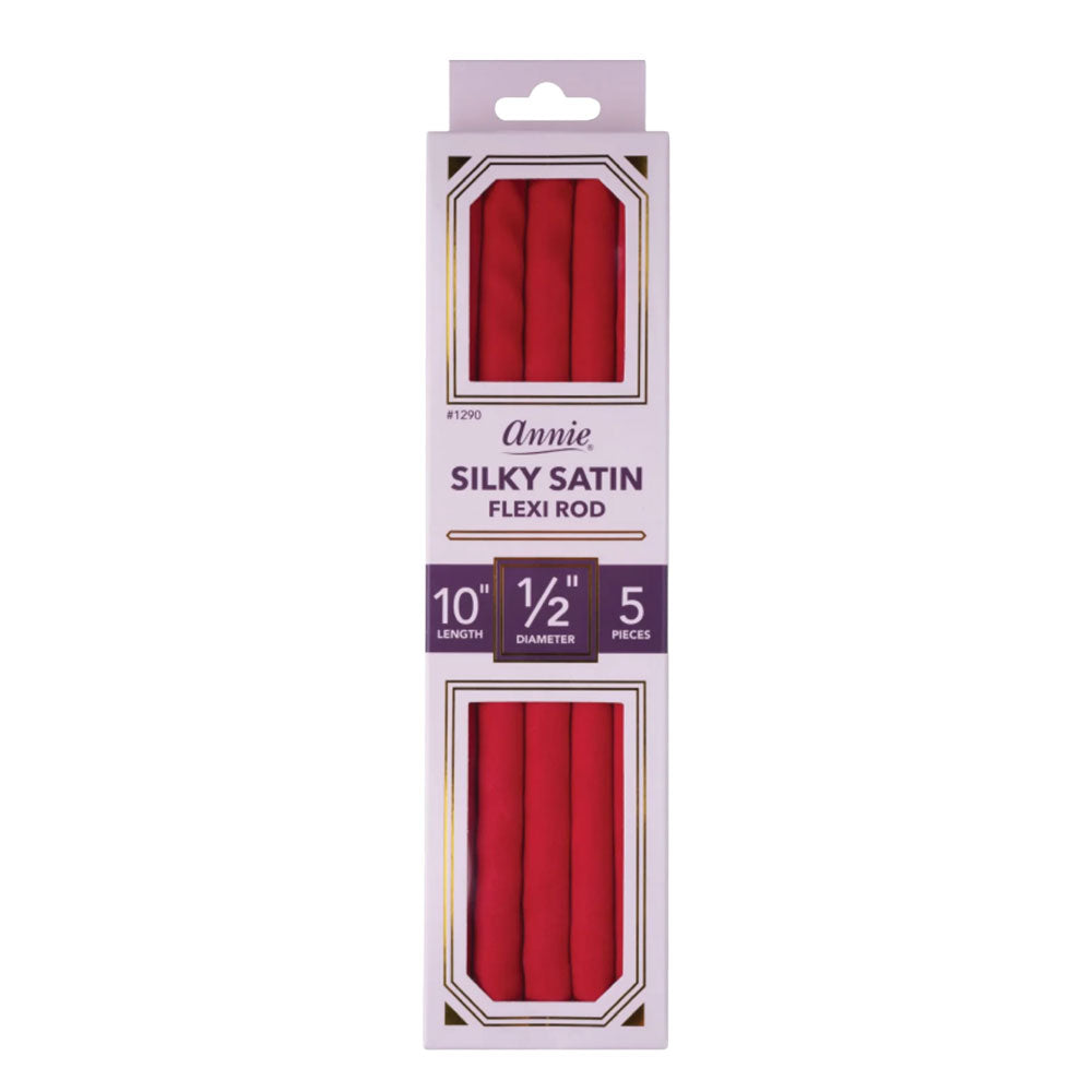 Annie brand 10-inch silky satin flexi rod in red, packaged in a tall white cardboard box with a purple label and two clear windows showing the red rods inside.