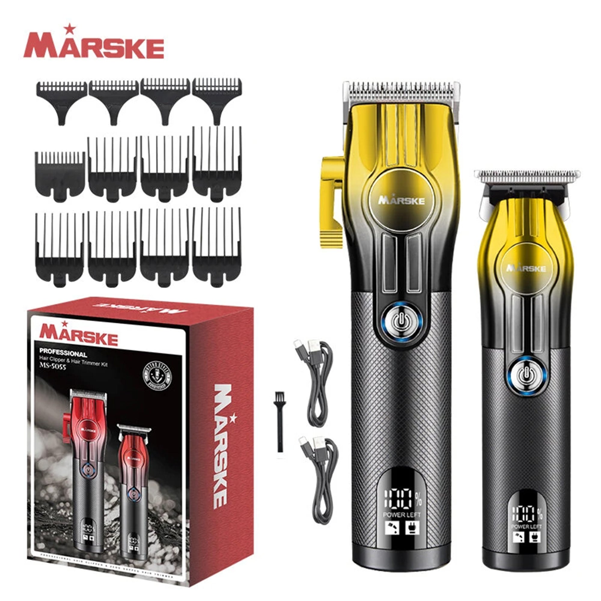 Marske hair trimmer set with attachments and packaging on a white background