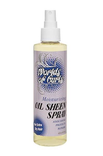 Bottle of World's of Curls Oil Sheen Spray on a white background