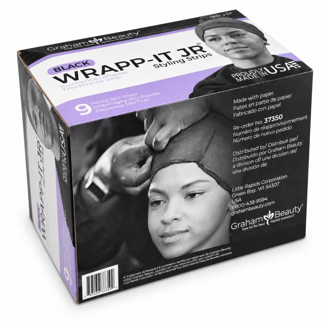 Graham's Beauty WRAPP-IT JR styling strips box in black, showing the retail packaging with product branding and a photo of a person wearing the hair wrap.