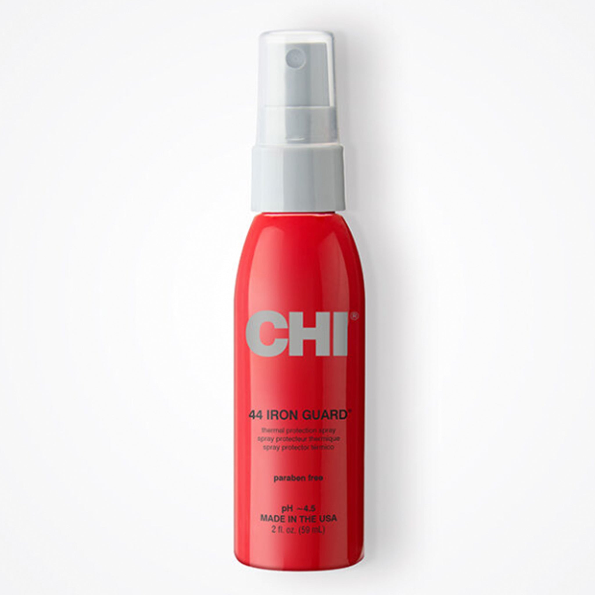 Red bottle of CHI 44 Iron Guard on a white background