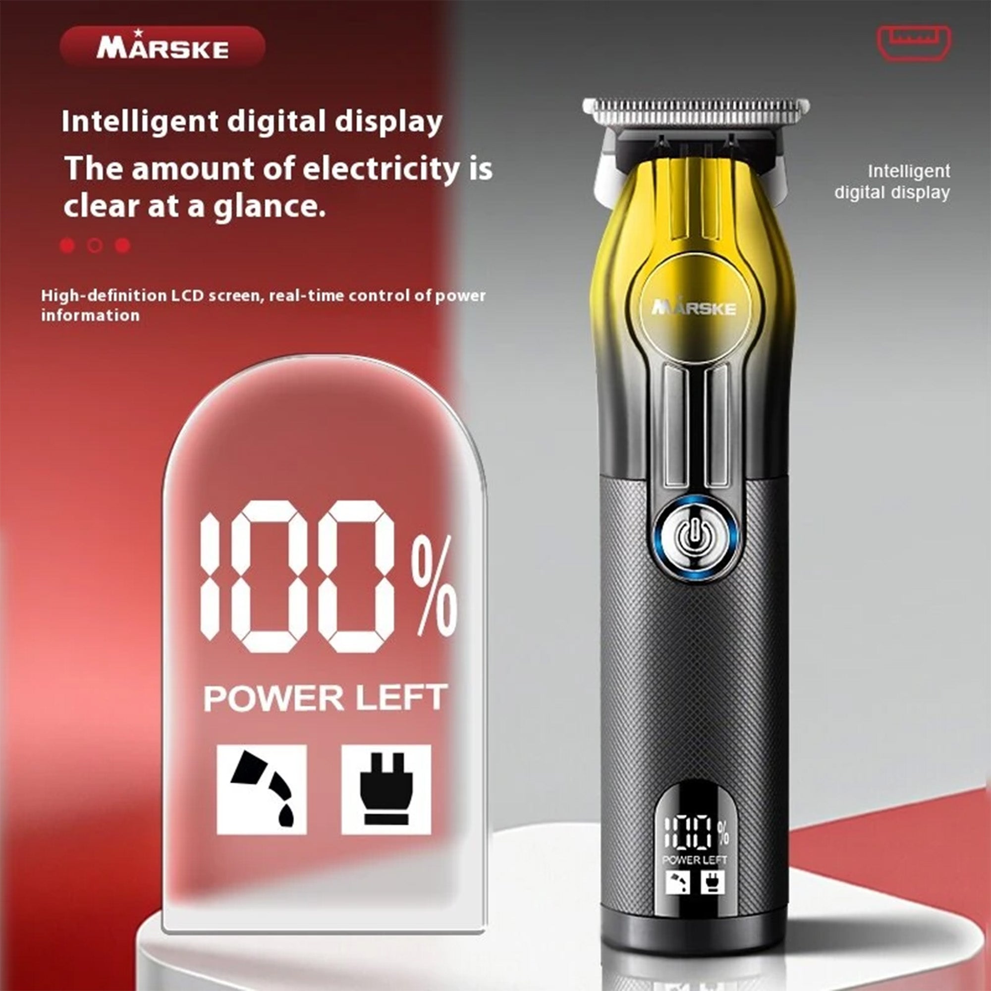 Hair trimmer with digital display showing power level on a gray background