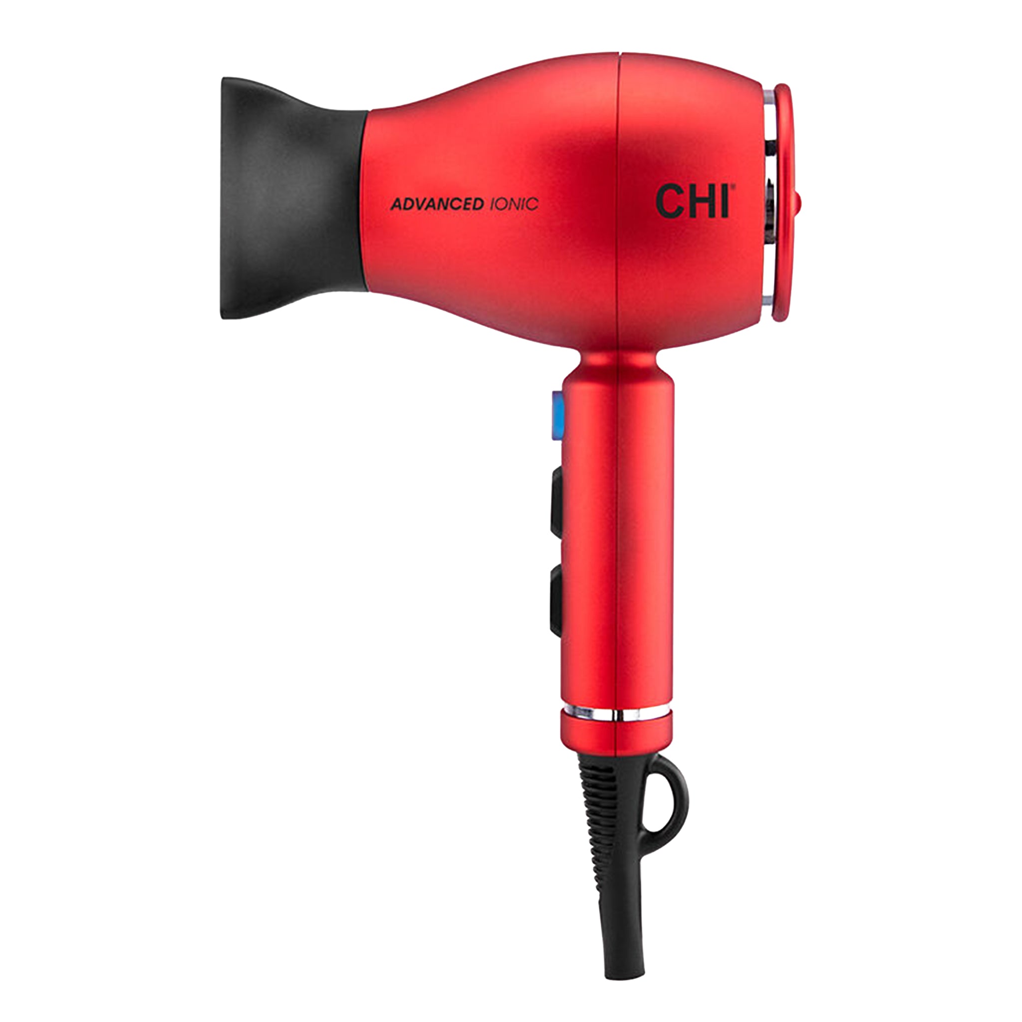 Red hair dryer with black accents on a white background