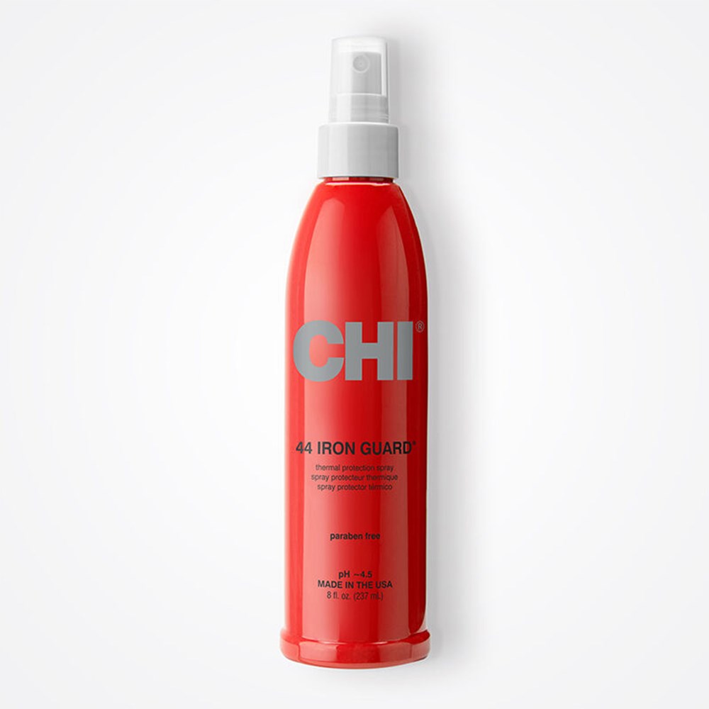Red spray bottle labeled 'CHI 44 Iron Guard' on a white background