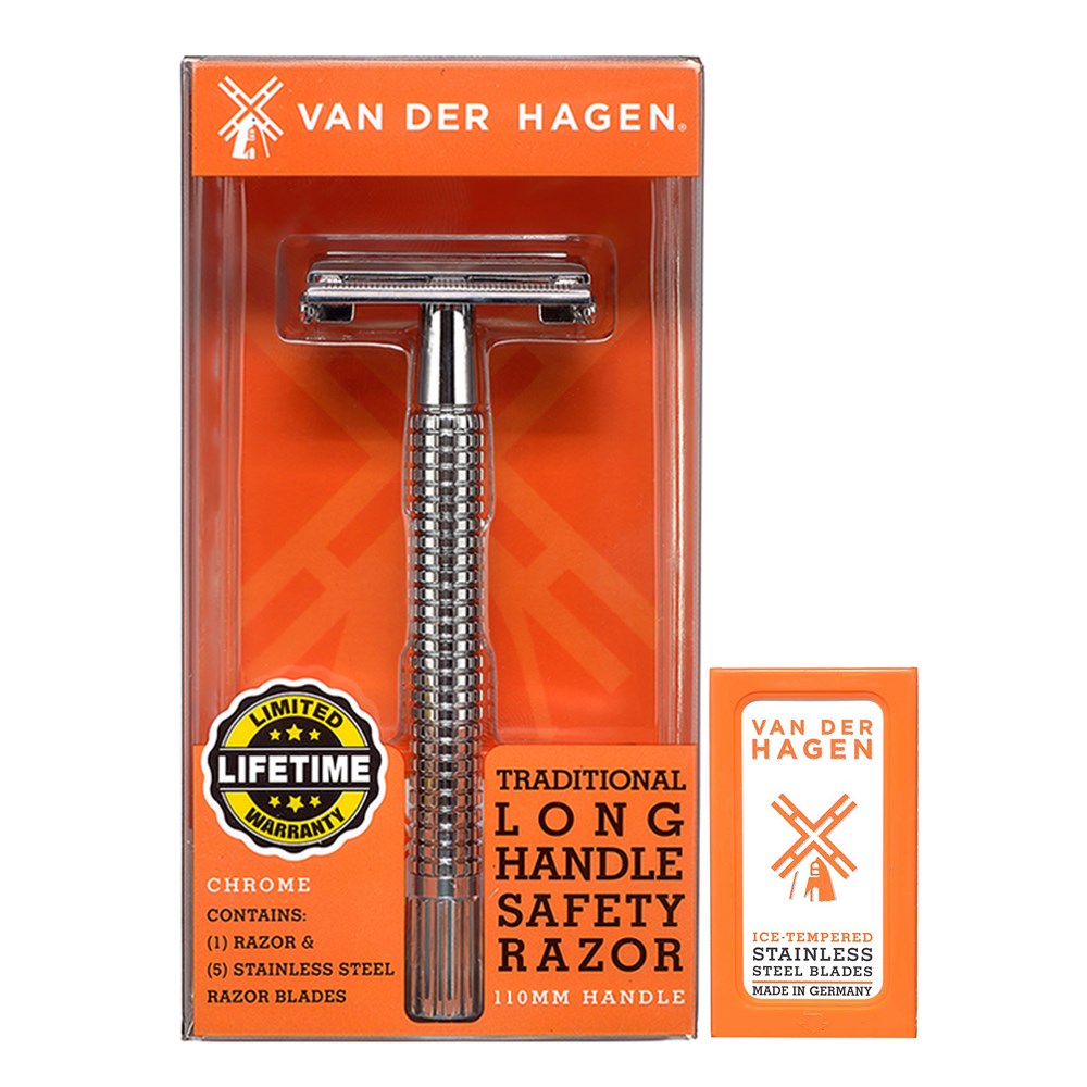 Van der Hagen traditional long handle safety razor in packaging with orange background