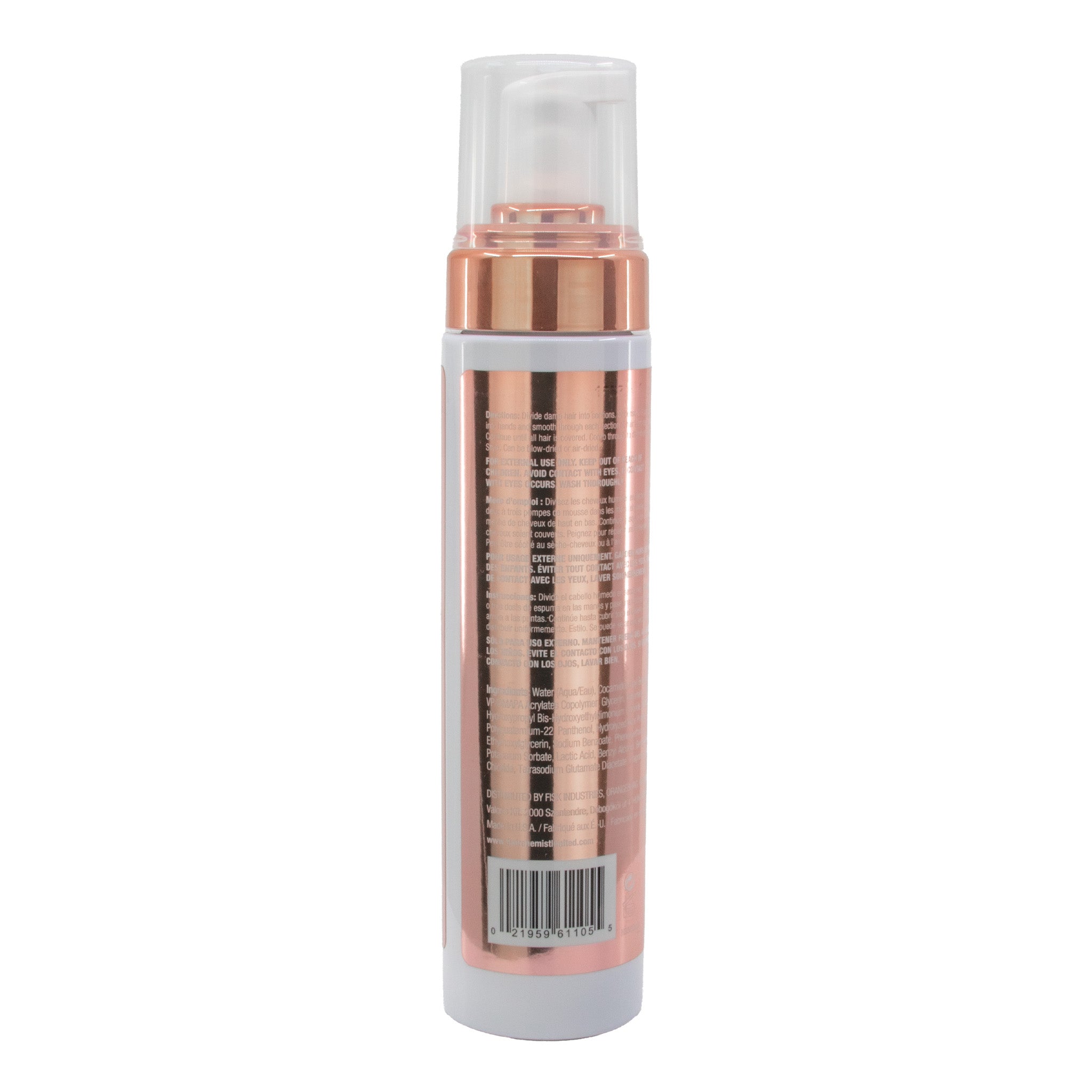 Cosmetic bottle with rose gold and clear design on a white background