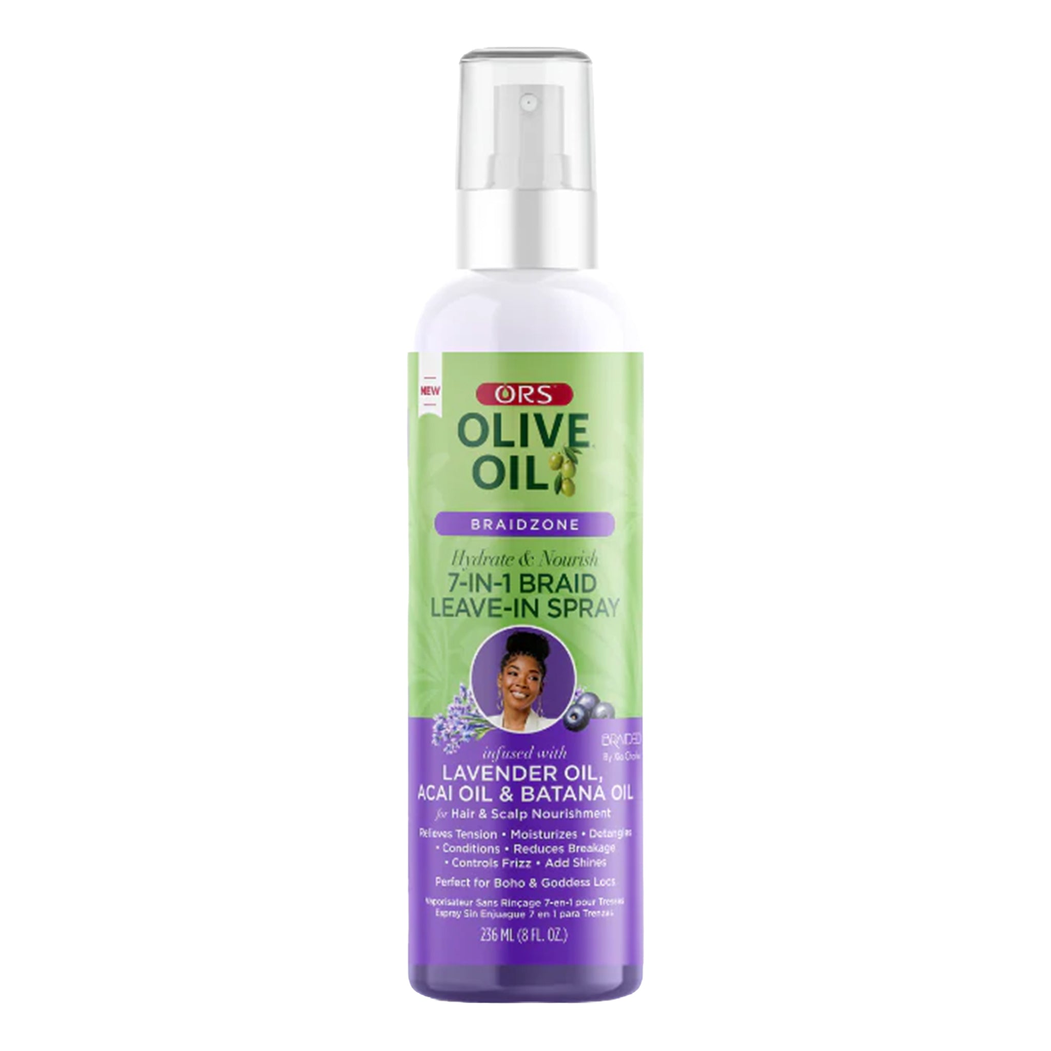 Olive Oil hair spray bottle with a green and purple label on a white background