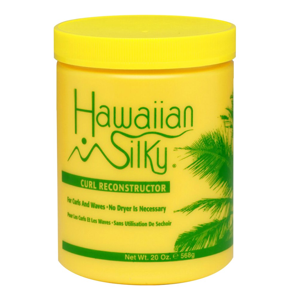 Yellow jar of Hawaiian Silky Curl Reconstructor with green text and palm tree design on a white background