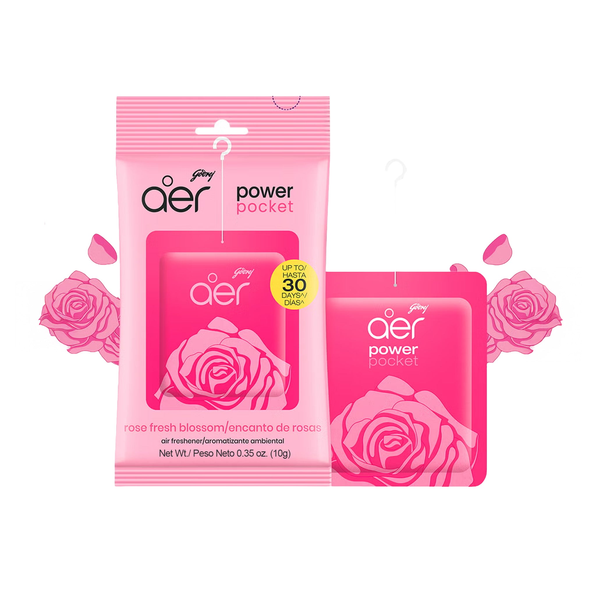 Pink aero power pocket air freshener packaging with roses on a white background