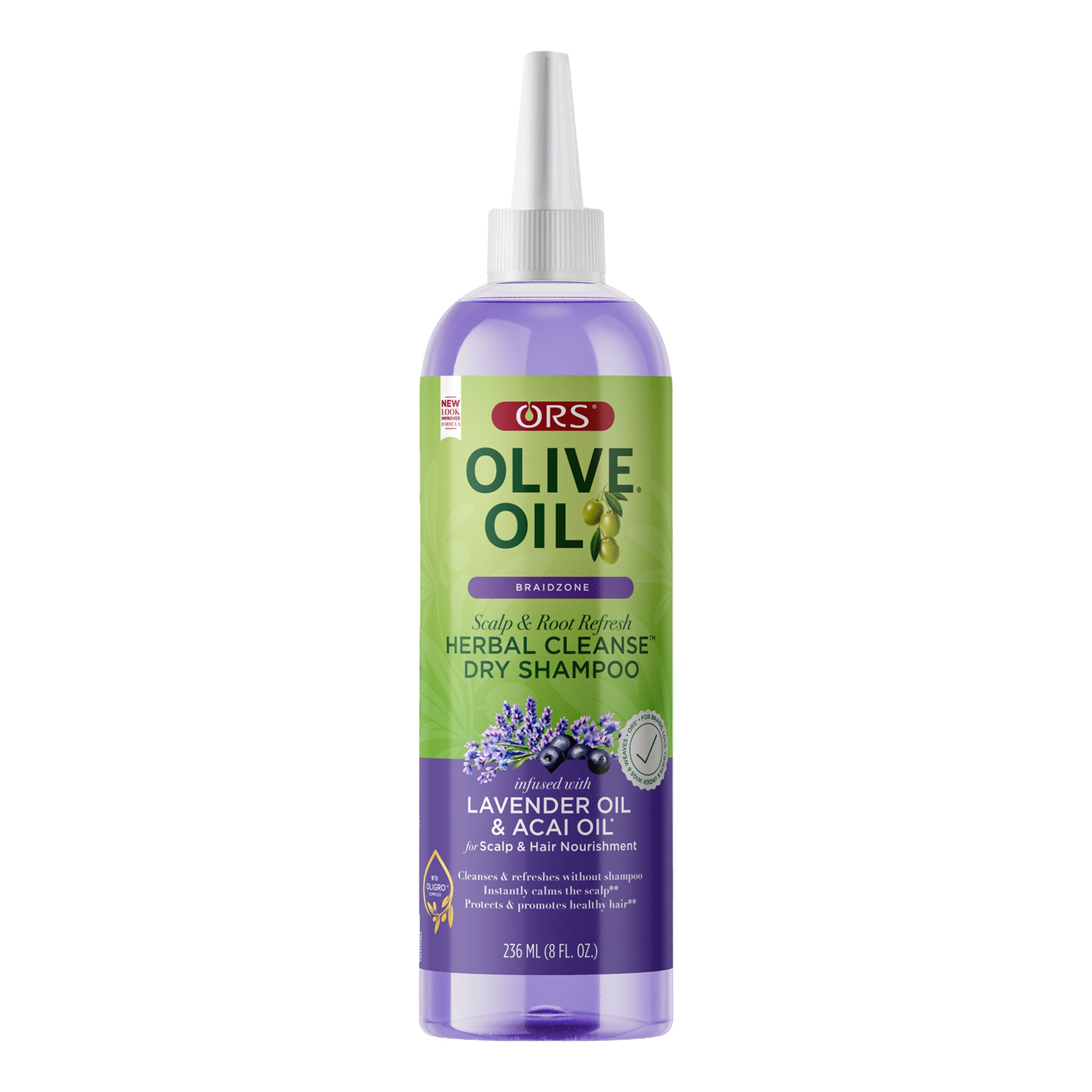 Olive Oil dry shampoo bottle with green and purple label on a white background
