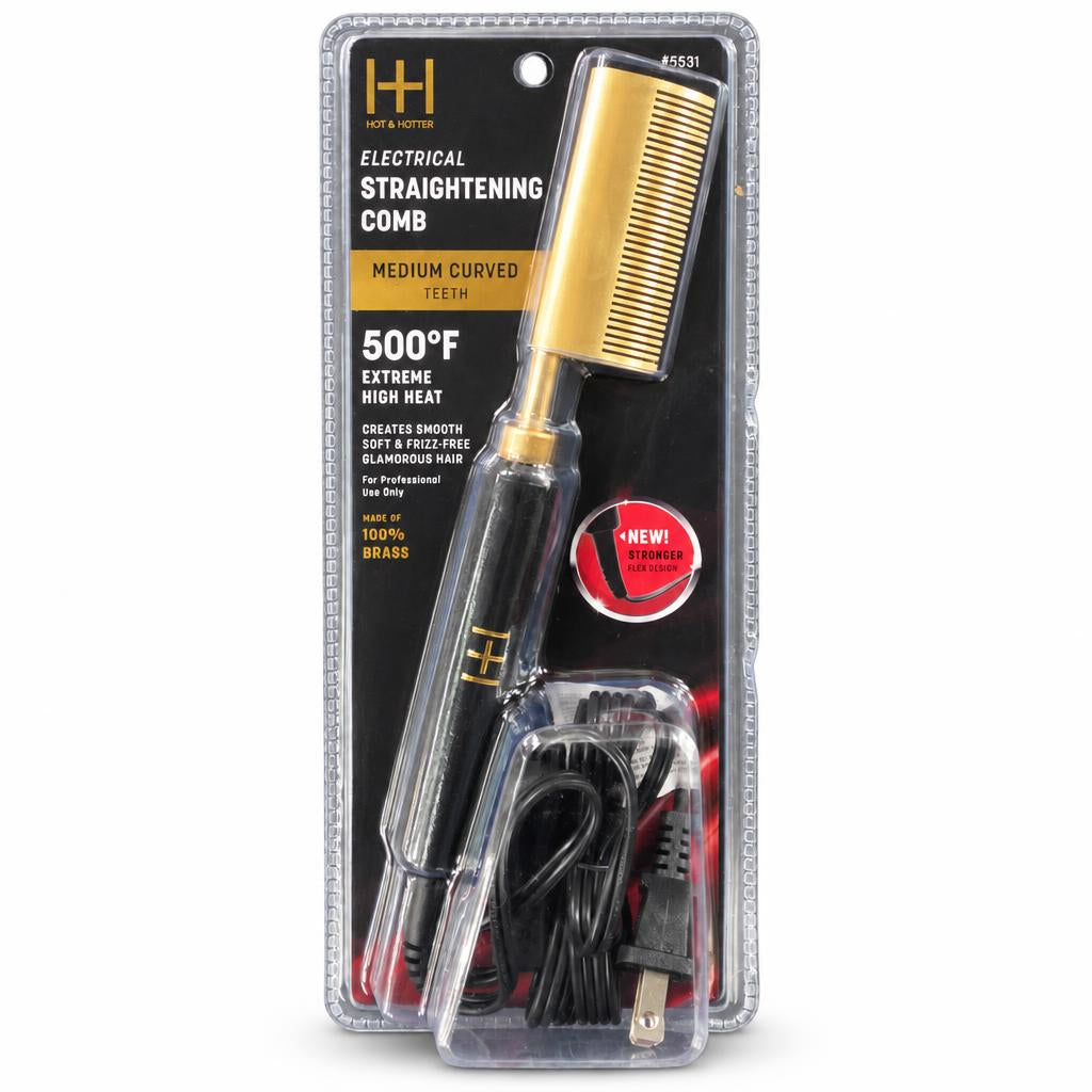 HH Electric Straightening Comb in retail blister packaging, featuring a medium curved brass comb tool with a black handle, shown with its black power cord inside a clear plastic package on a white background.