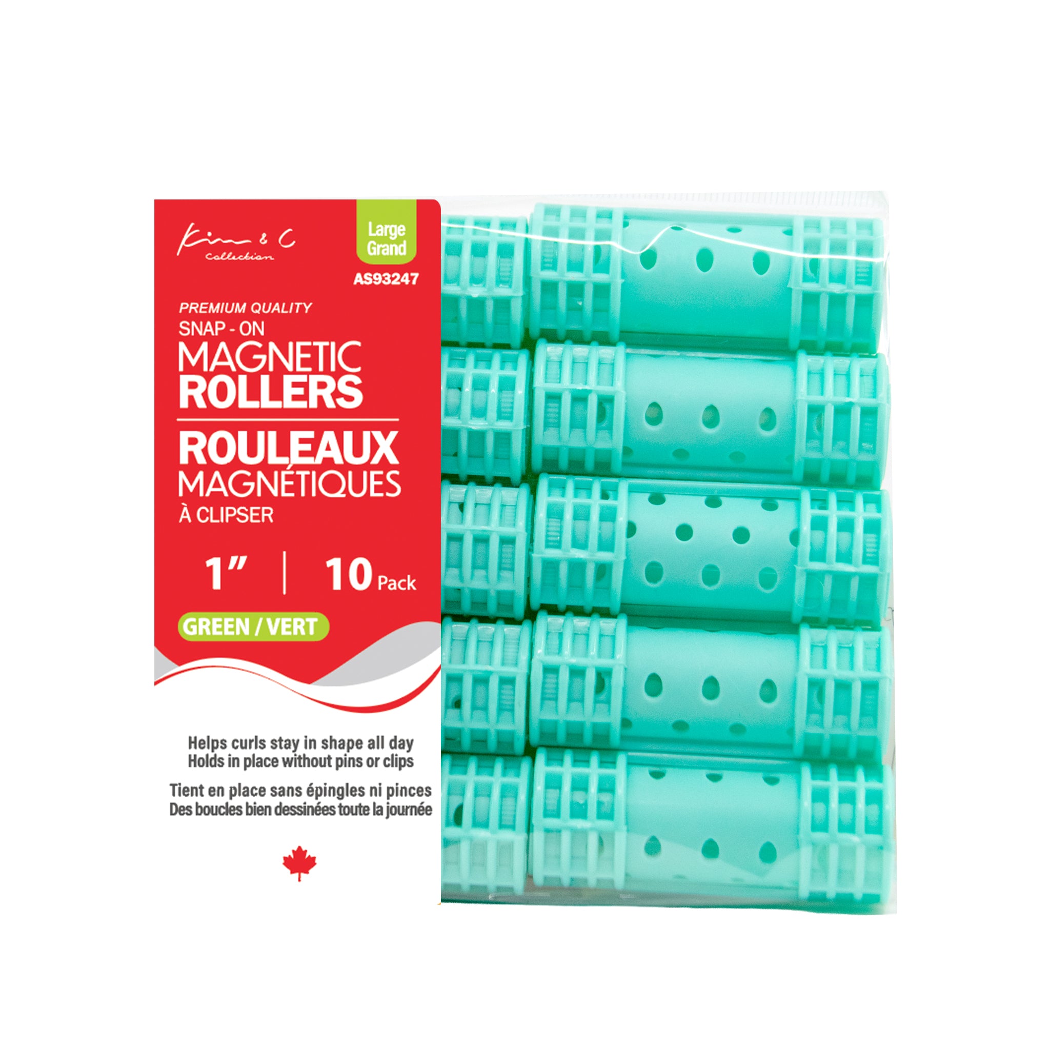 Pack of green magnetic rollers with red packaging on a white background