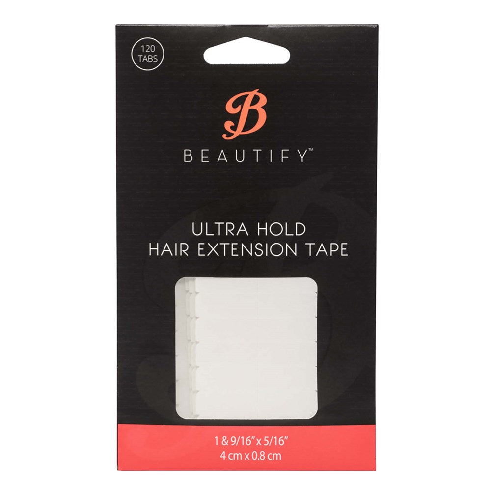 Package of Beautify ultra hold hair extension tape with brand logo and product details.