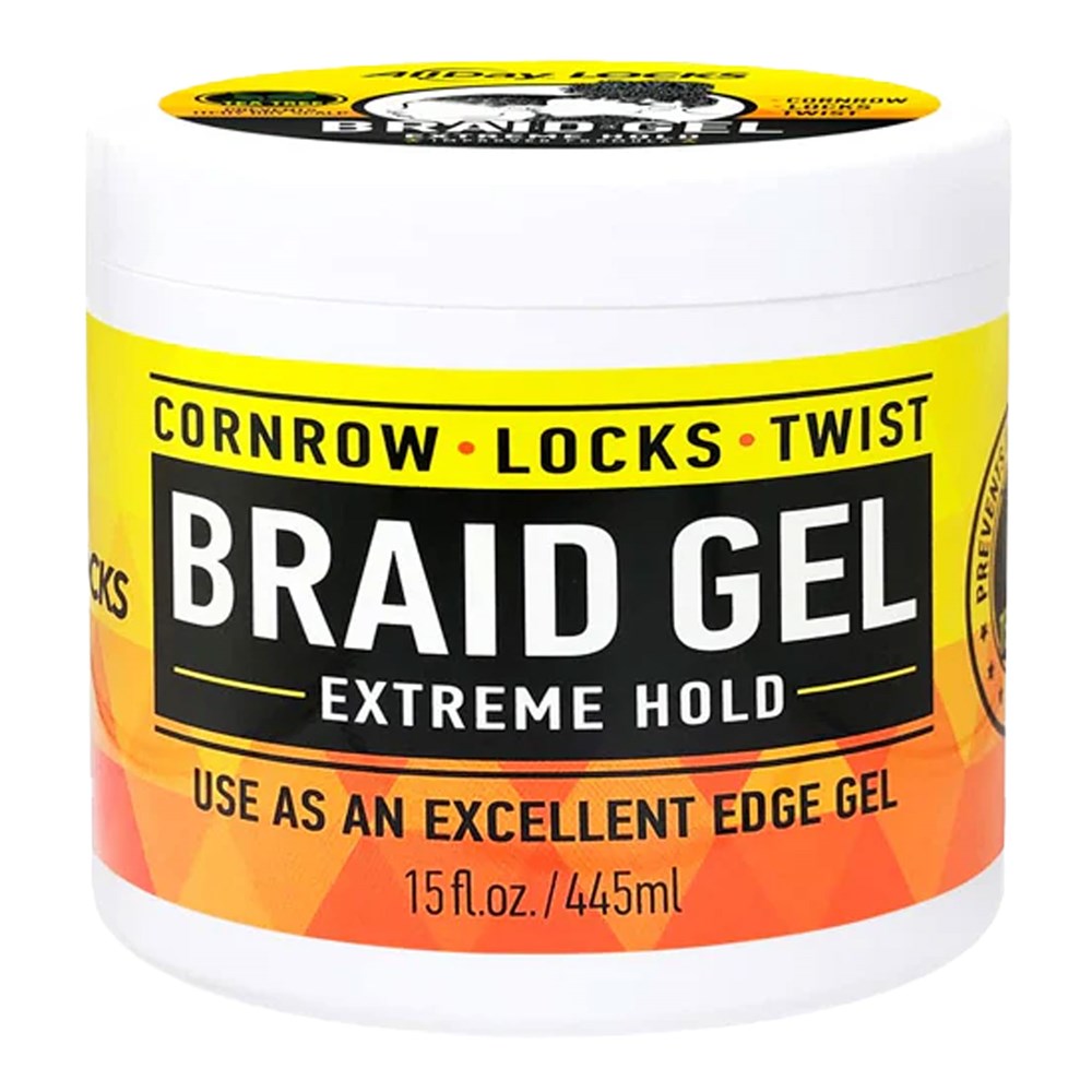 Jar of Cornrow Locks Twist Braid Gel with yellow and black label