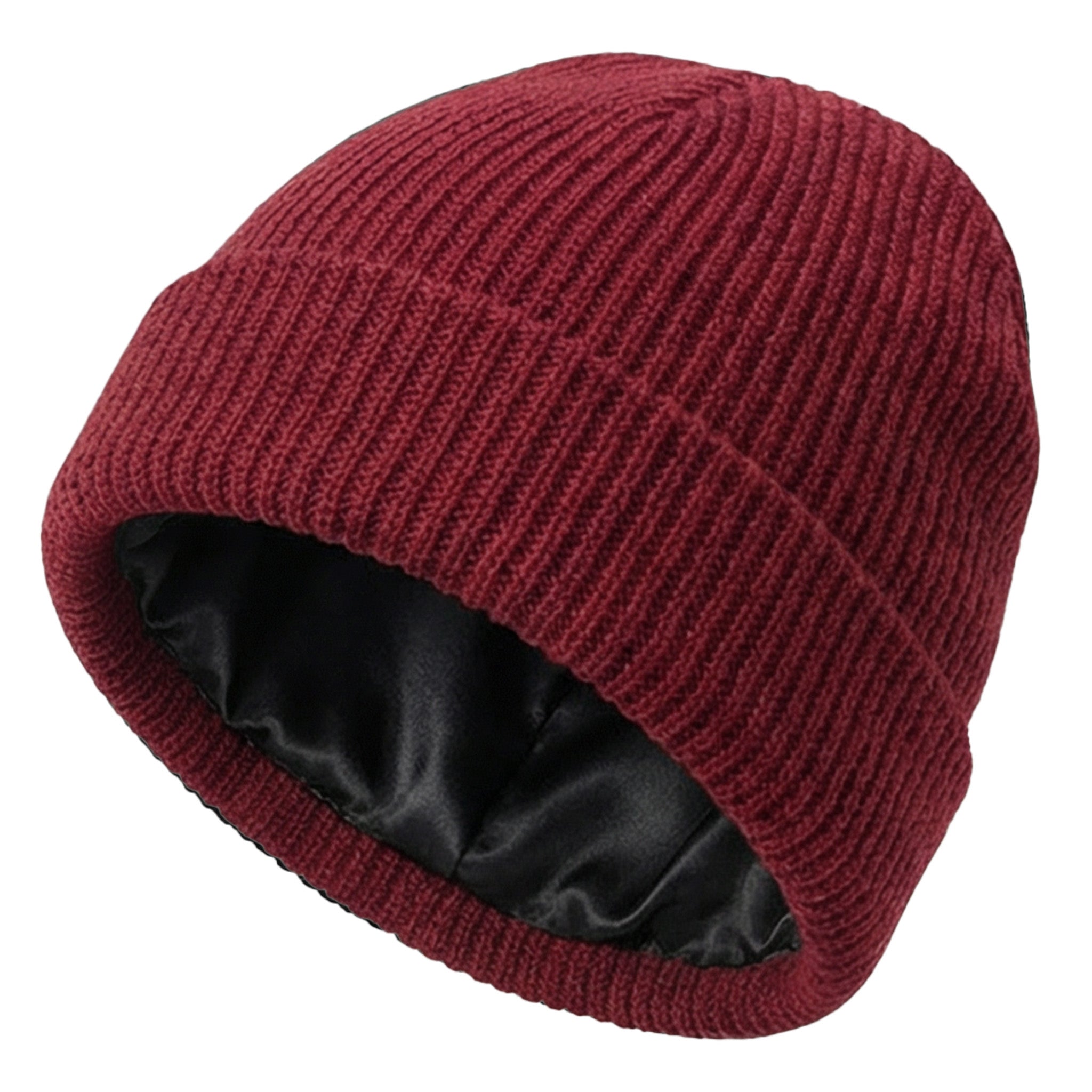 Maroon knit beanie with black interior on a white background