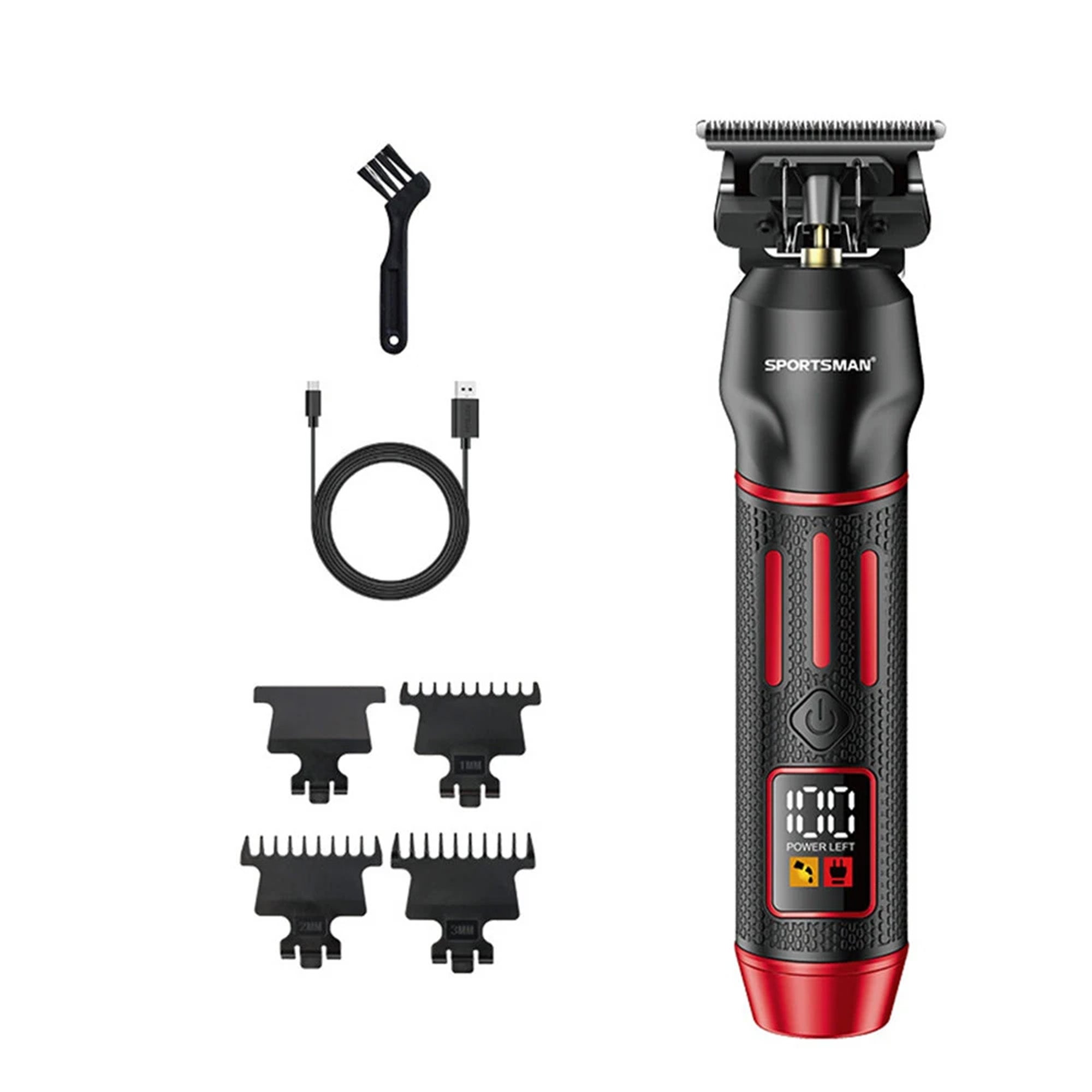 Hair trimmer set with attachments and charging cable on a white background