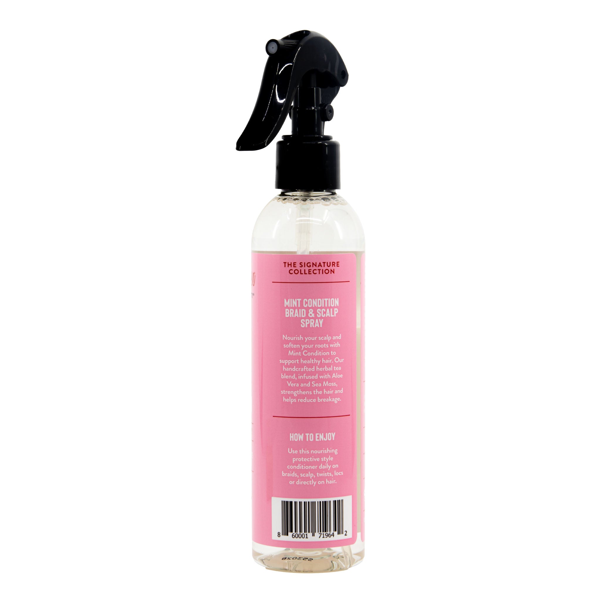 Bottle of hair spray with a pink label on a white background