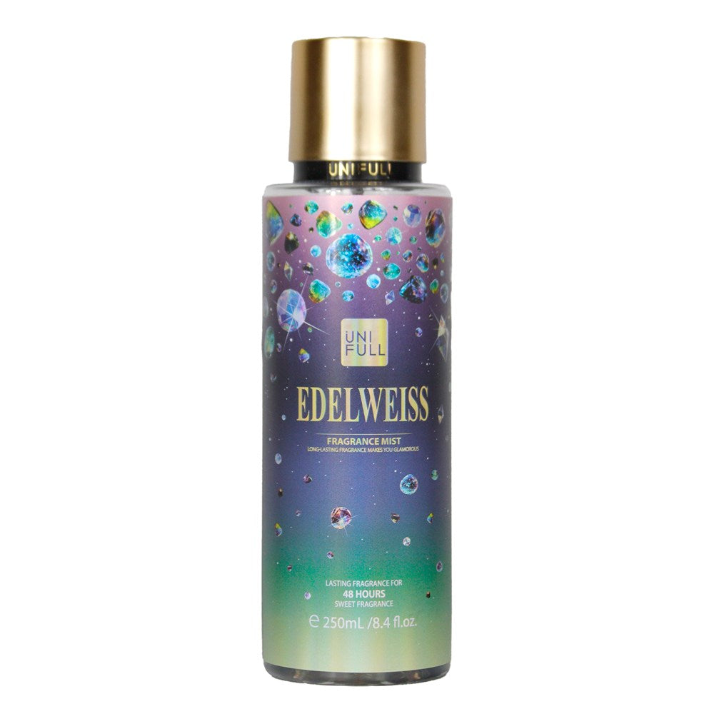 Edelweiss fragrance mist bottle with gold cap on a white background
