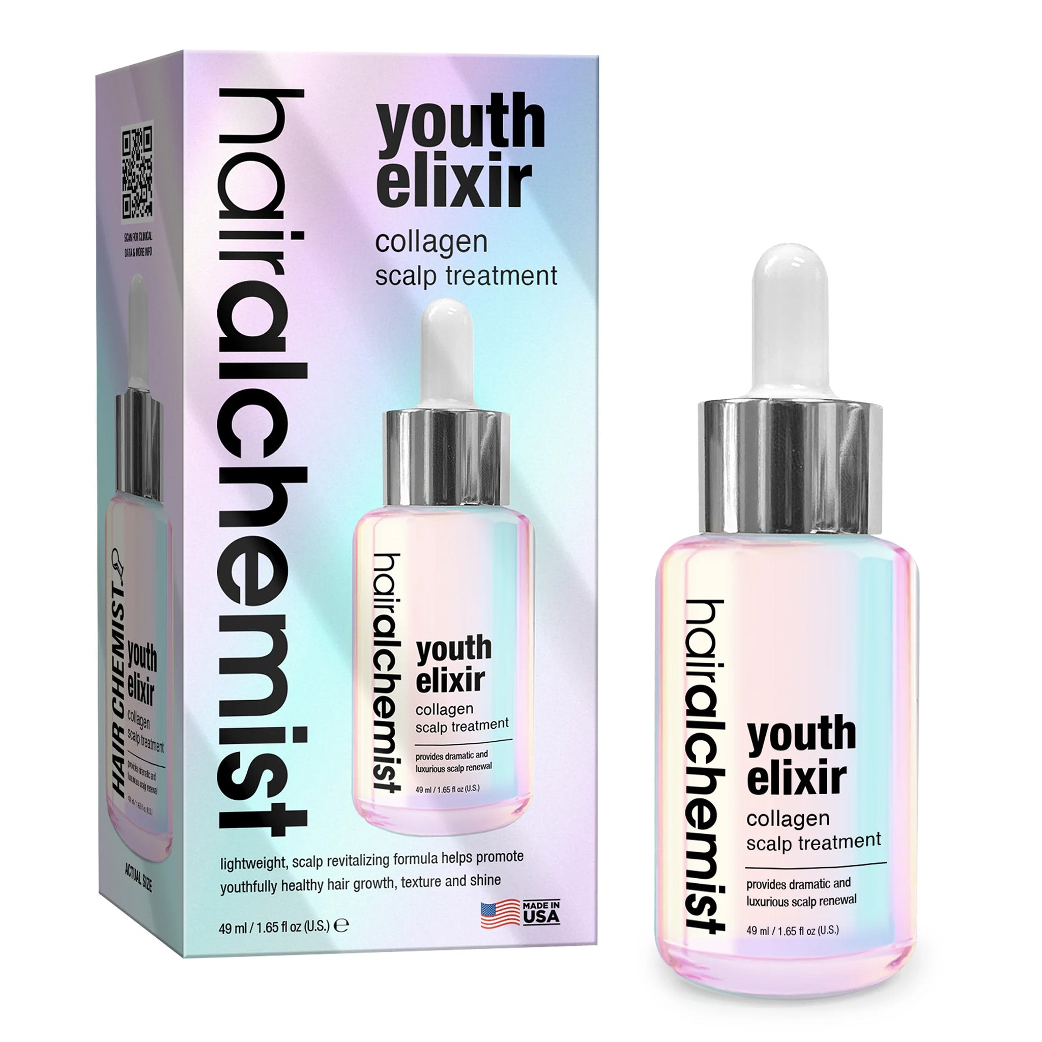 Hairalchemist youth elixir collagen scalp treatment packaging and bottle on a white background