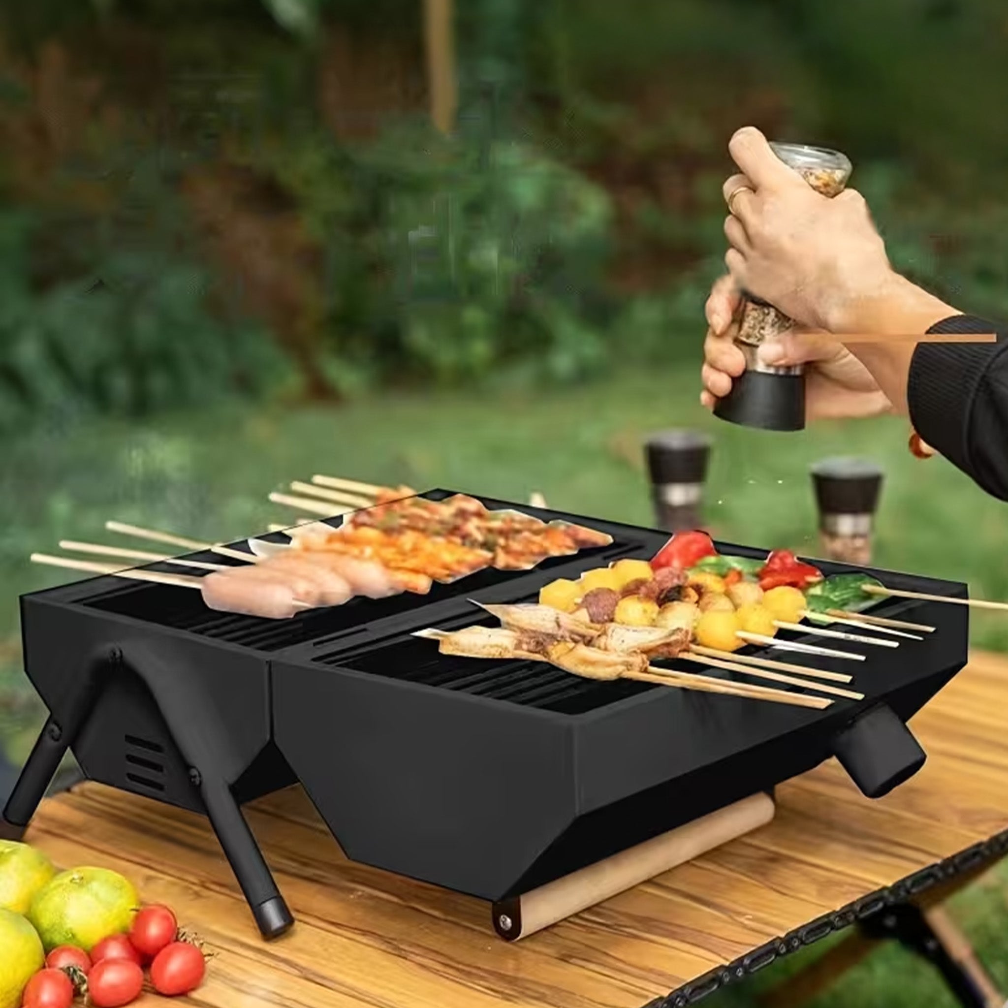 Portable grill with skewered food on a wooden table outdoors