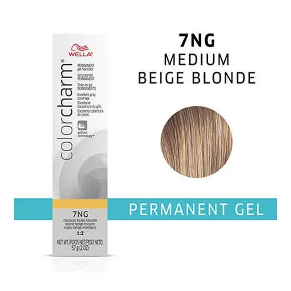 Wella Color Charm 7NG Medium Beige Blonde hair color packaging on a white background