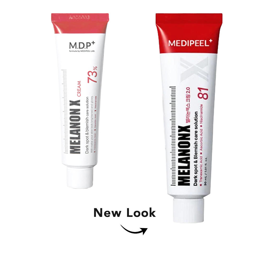 Two cosmetic cream tubes on a white background with the text 'New Look' and arrow below. The left tube is white with a red cap and red text, labeled MDP+ MELANON X CREAM 73%.