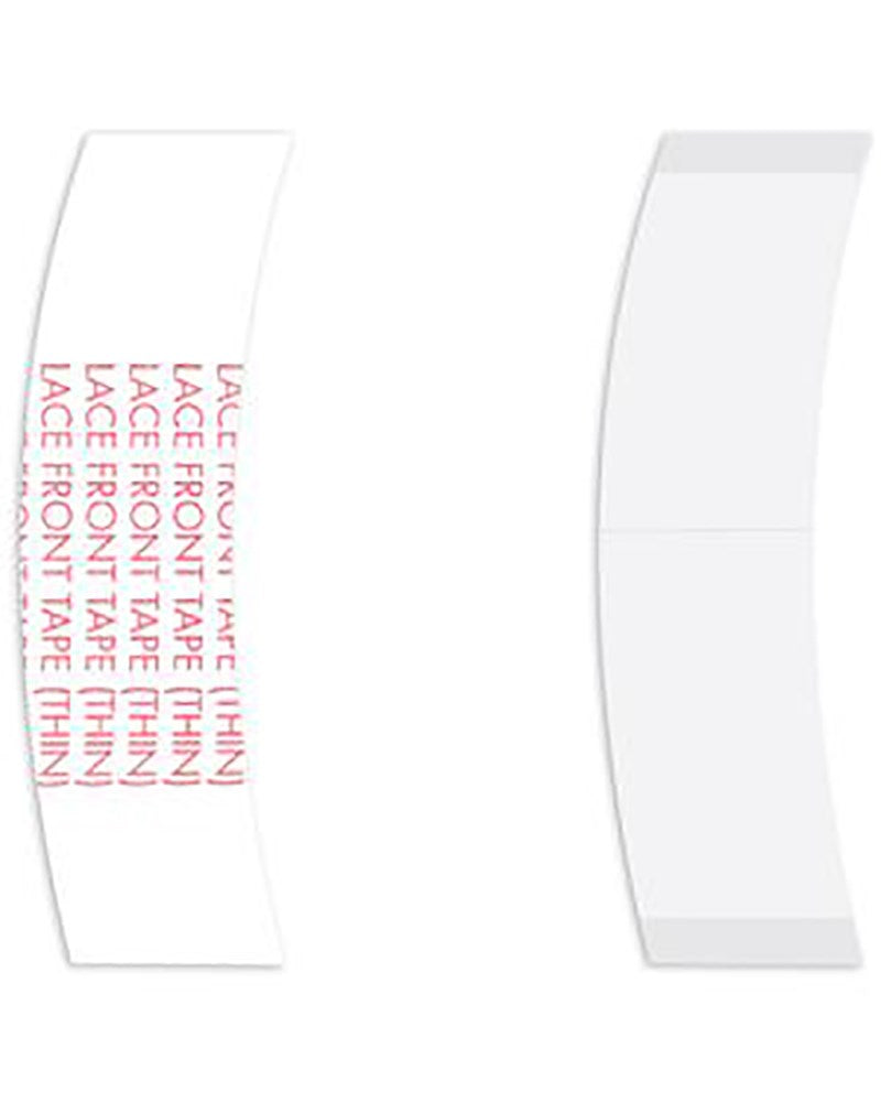 White lace front tape with red text on a white background