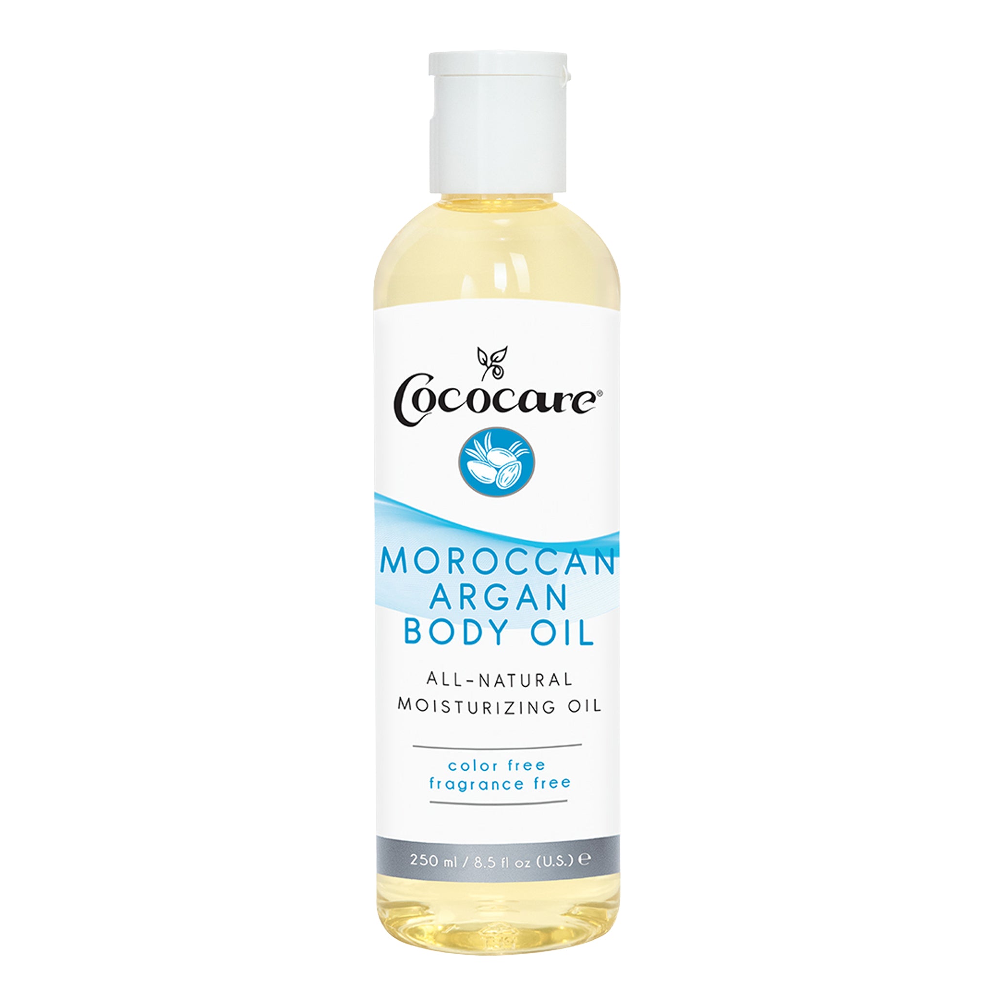 Bottle of Cococare Moroccan Argan Body Oil on a white background