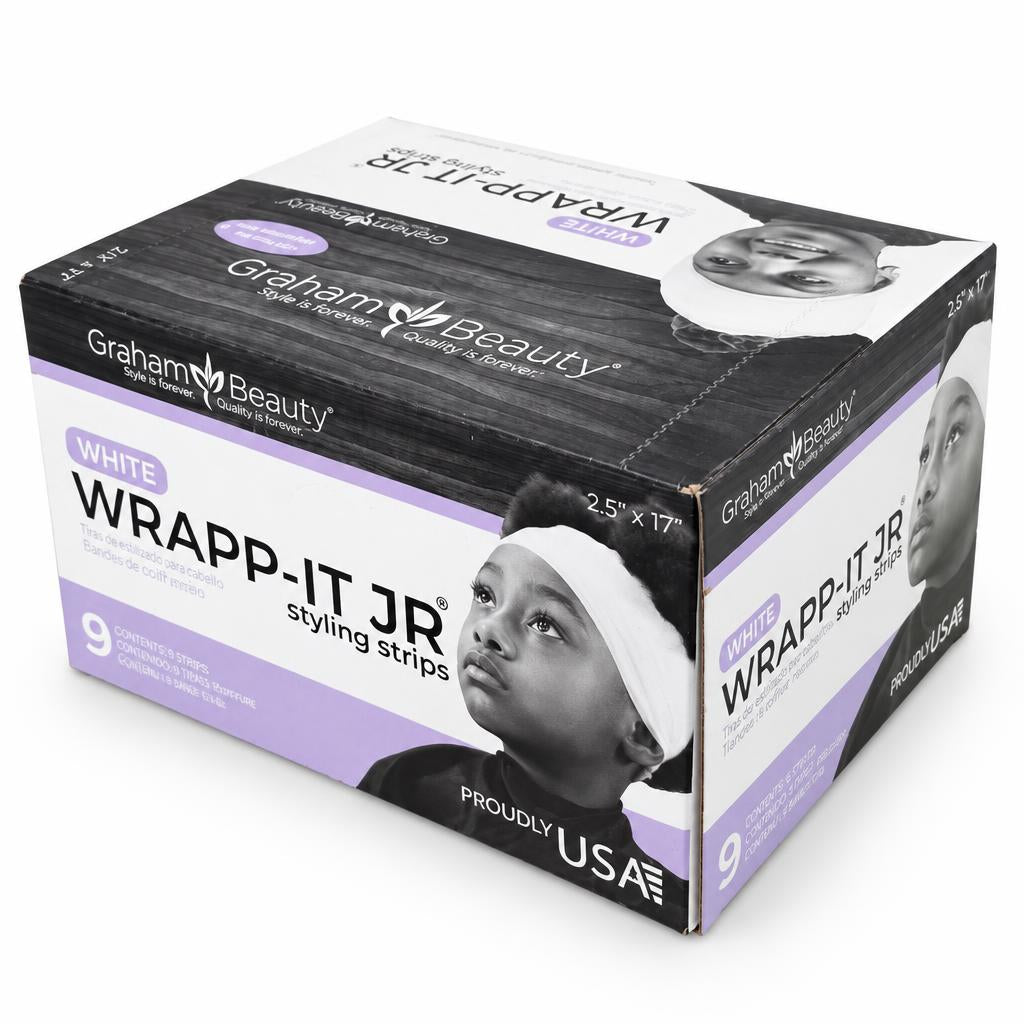 A box of Graham Beauty WRAPP-IT JR styling strips, size 9, in the White variant. The packaging features a black and white design with purple accents and a photo of a young child wearing a white headband.