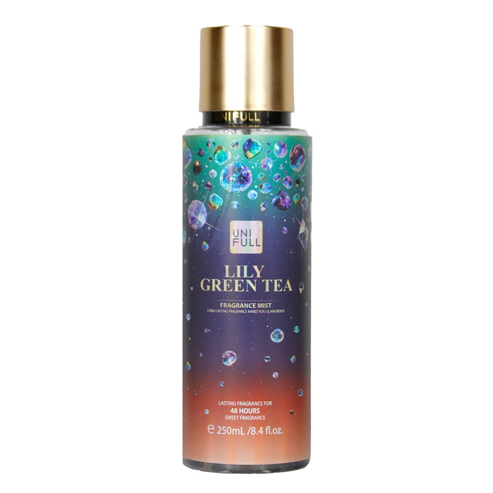 Lily Green Tea fragrance mist bottle with colorful label on a white background