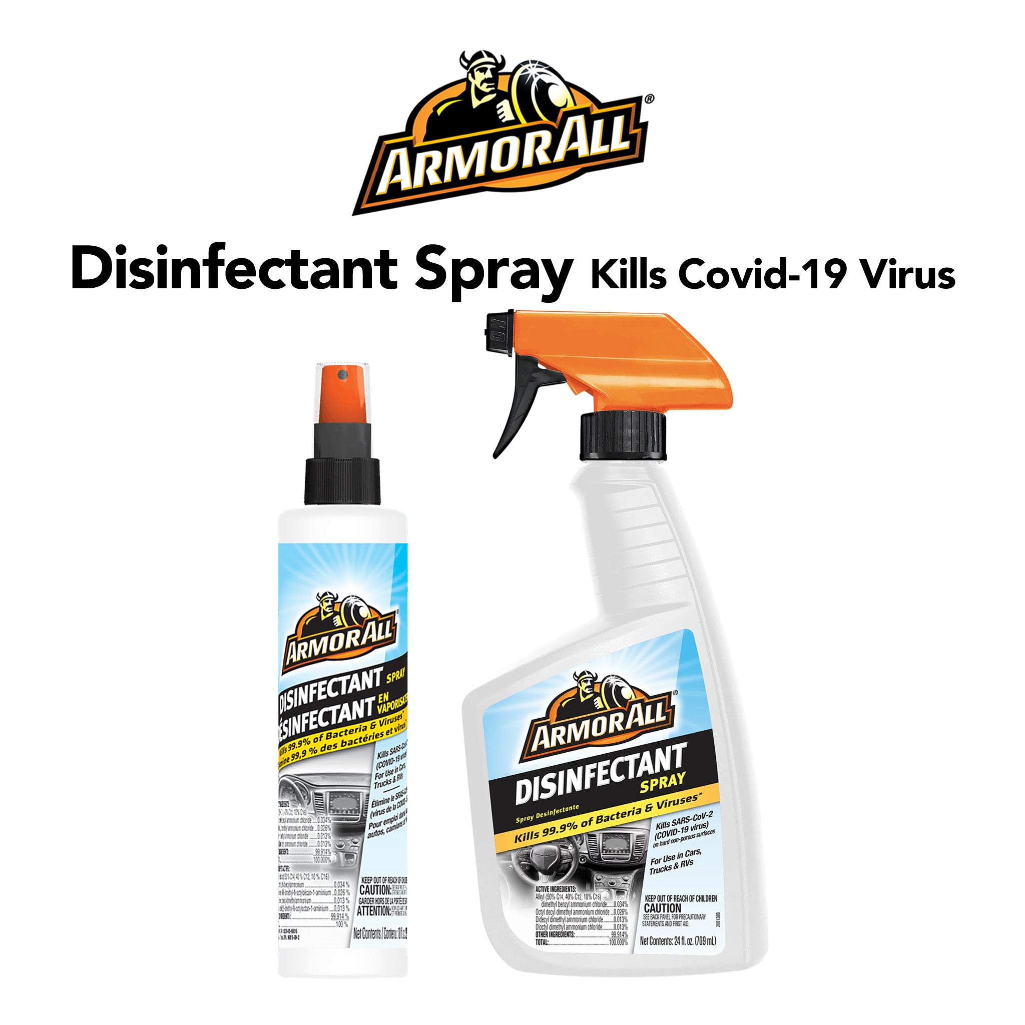 Two bottles of Armor All Disinfectant Spray with the brand logo and text on a white background.