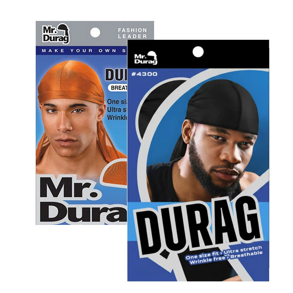 Two retail packages of Mr. Durag fashion leader duraags shown on a white background, one orange and one black, with model photos and product text visible.