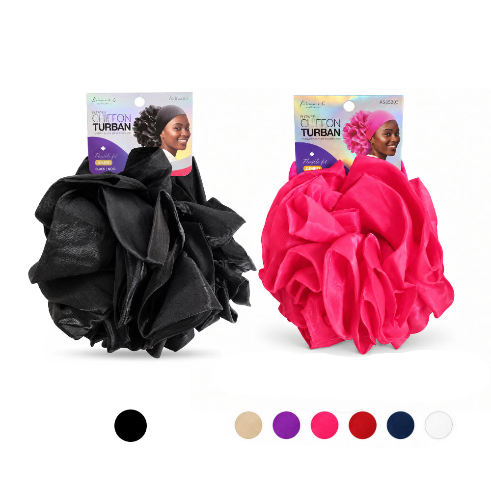 Two large ruffled fabric headwraps displayed side by side on a white background, each attached to its retail card. The left wrap is black and the right wrap is bright pink.