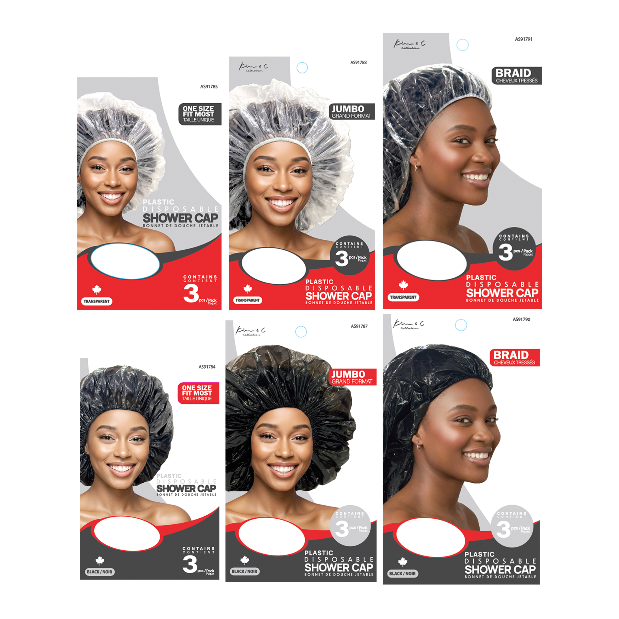 Packaging of shower caps with models wearing them on a white background