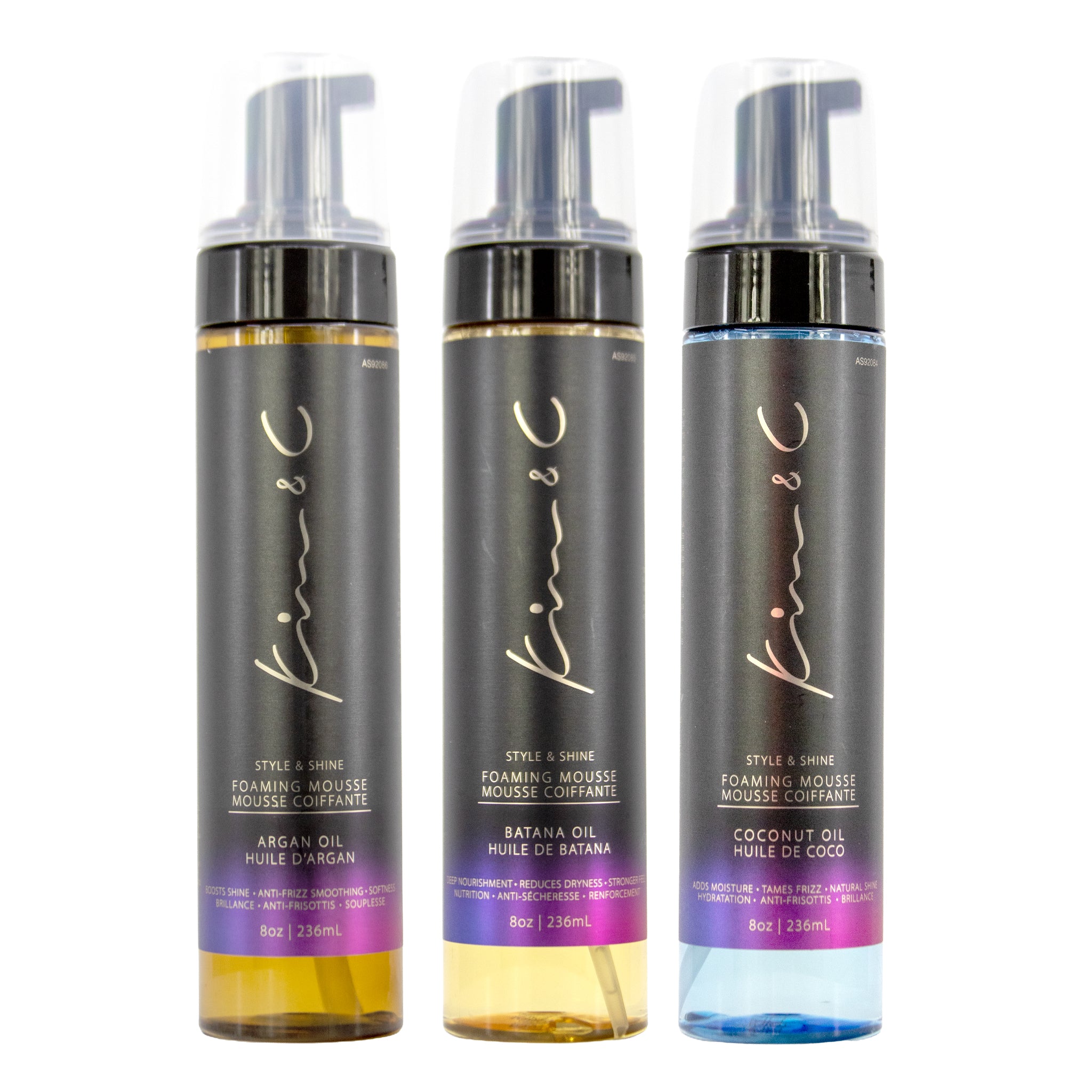 Three bottles of Kim & C hair care products on a white background