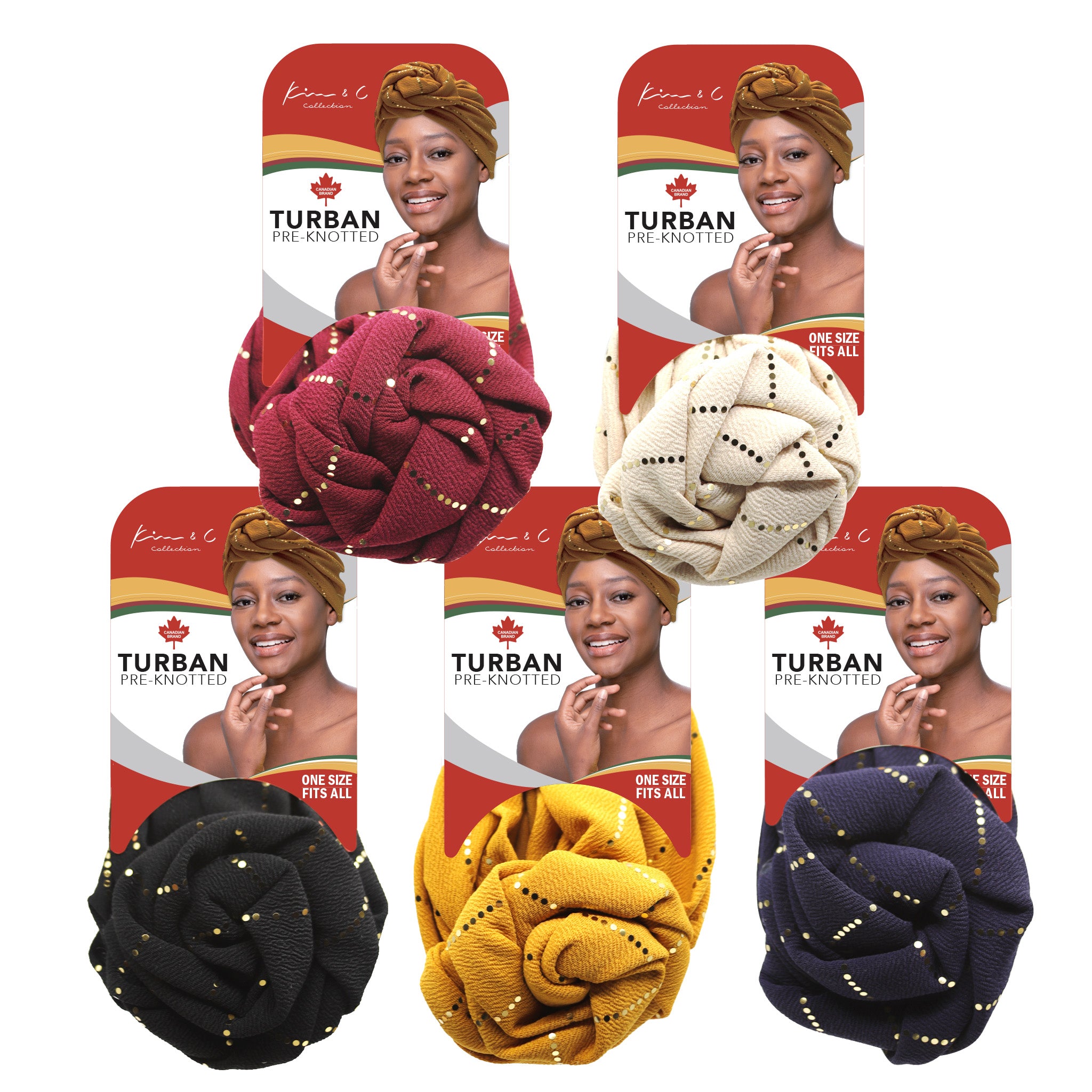 Packaging of turban products with a woman's face on each, featuring red, white, black, and yellow turbans.