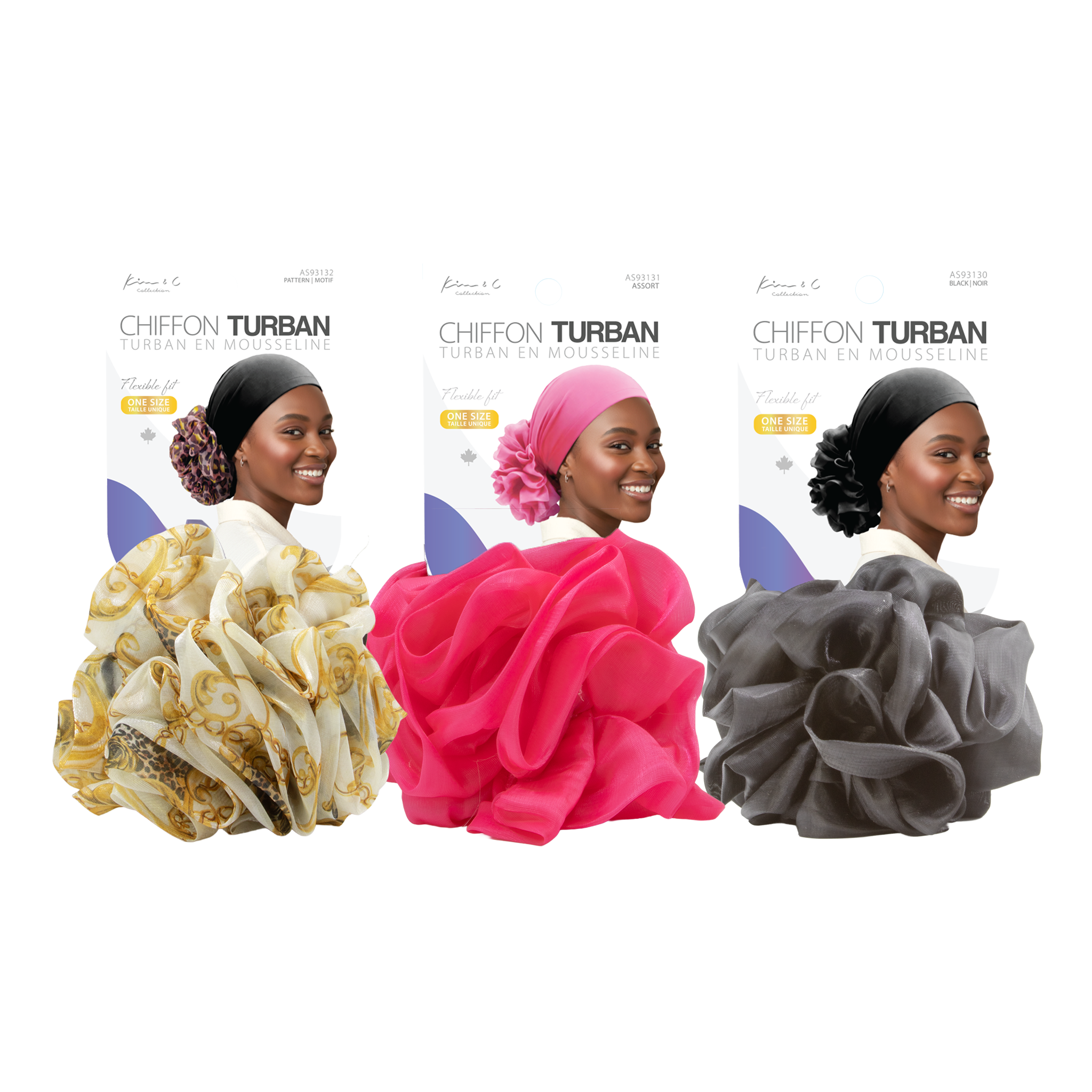 Three chiffon turbans in white, pink, and gray with models wearing them on a white background.