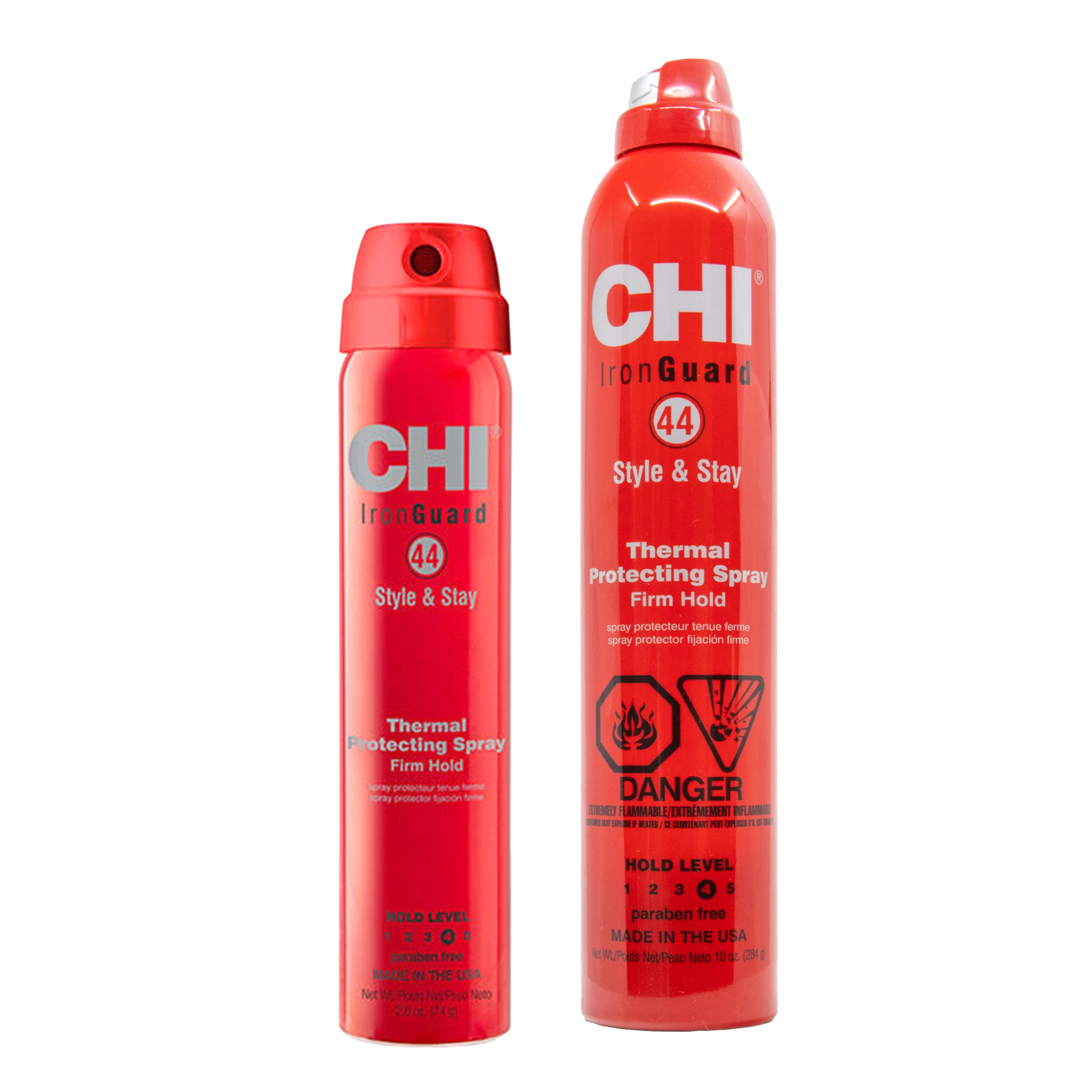 Red bottle of CHI Iron Guard 44 Thermal Protecting Spray and CHI Iron Guard thermal protecting sprayon a white background