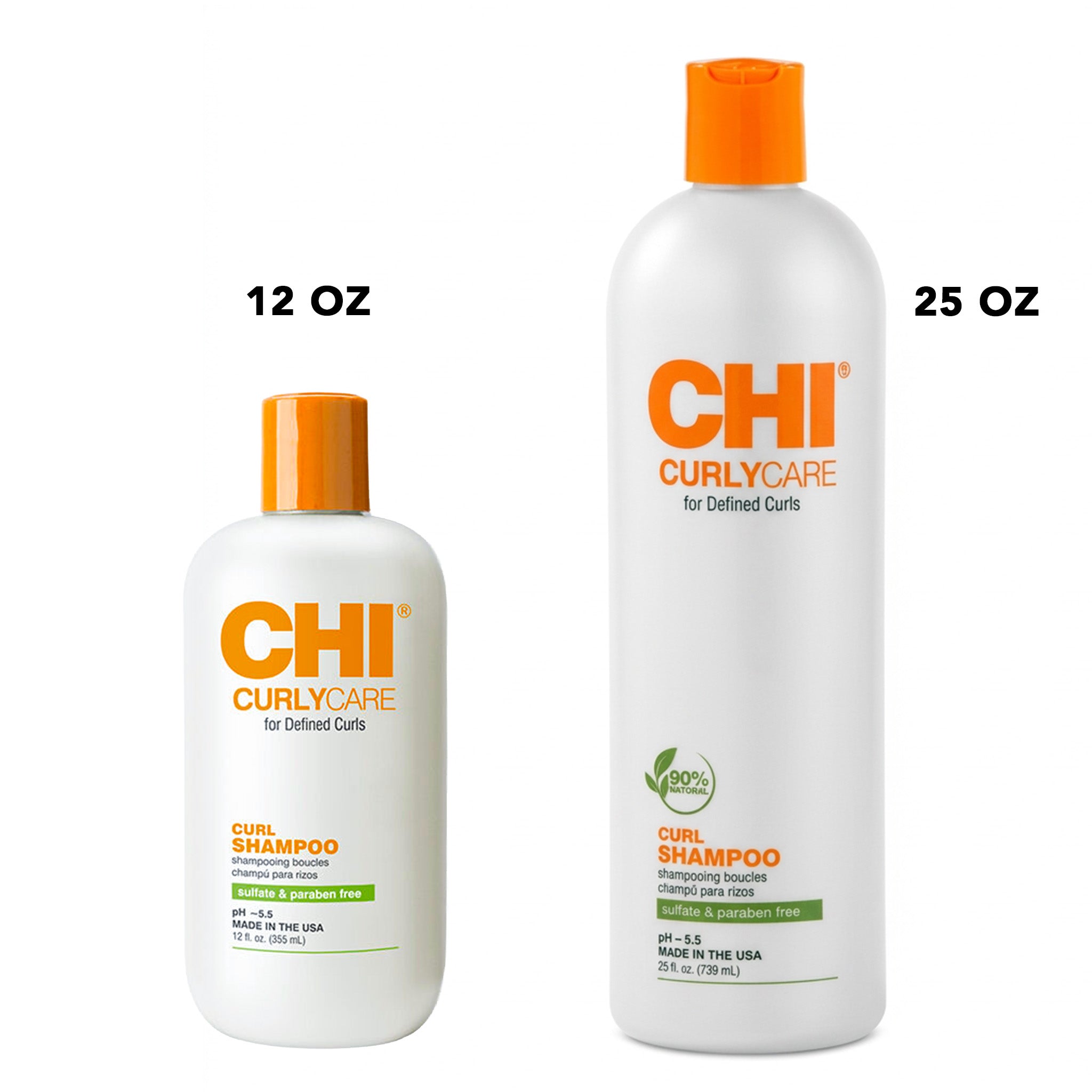 Two bottles of CHI Curly Care Curl Shampoo on a white background, one 12 oz and one 25 oz.