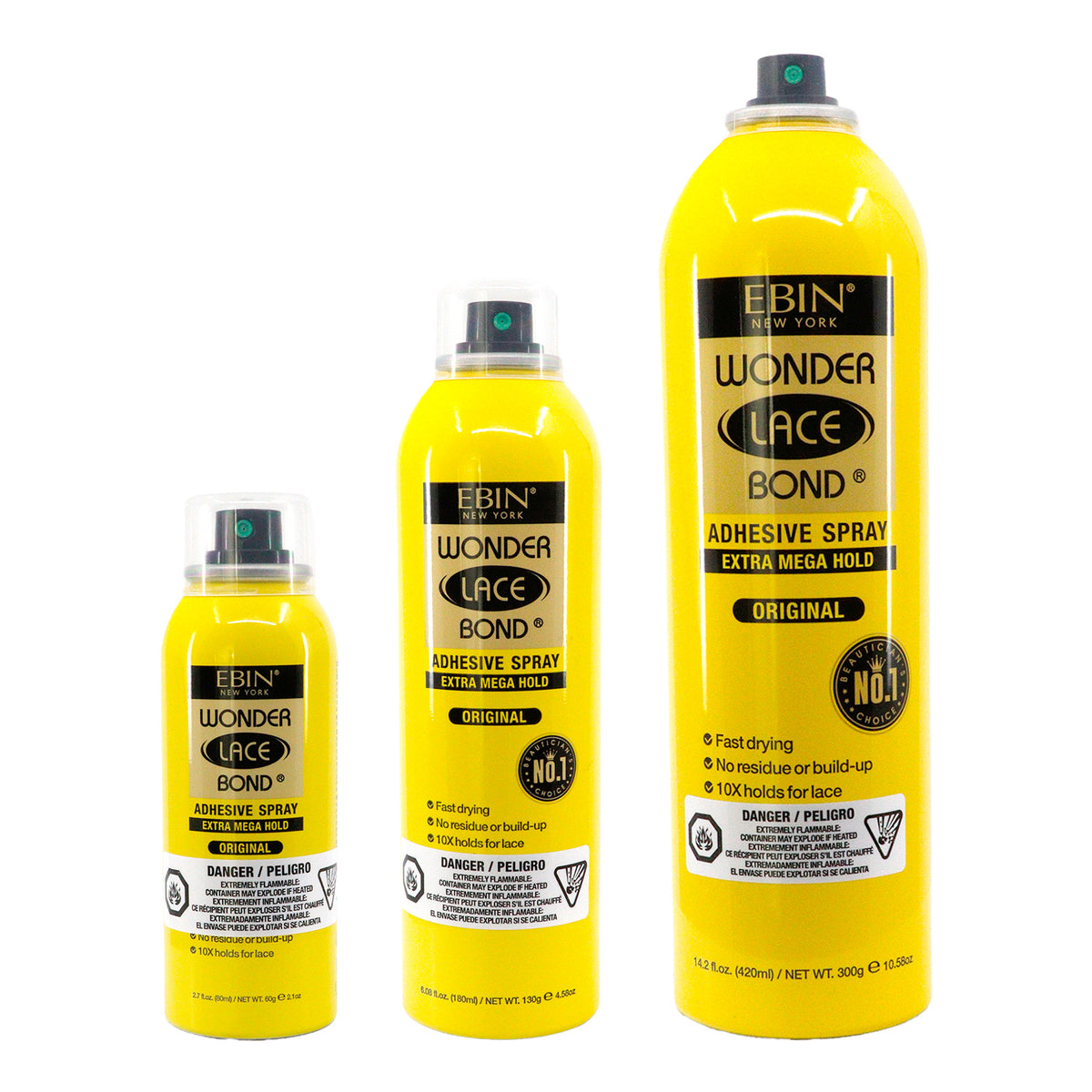 Three bottles of Ebin Wonder Lace Bond adhesive spray on a white background